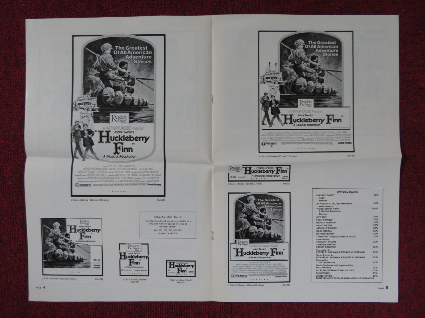 HUCKLEBERRY FINN UNCUT UNITED ARTISTS FOLDED PRESS BOOK JEFF EAST 1974 Rendezvous Cinema Movie posters