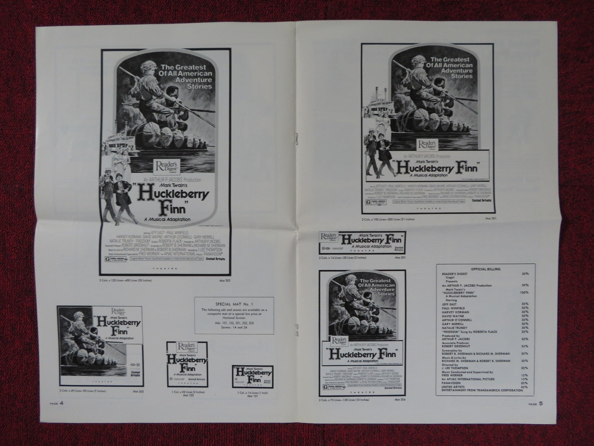 HUCKLEBERRY FINN UNCUT UNITED ARTISTS FOLDED PRESS BOOK JEFF EAST 1974 Rendezvous Cinema Movie posters