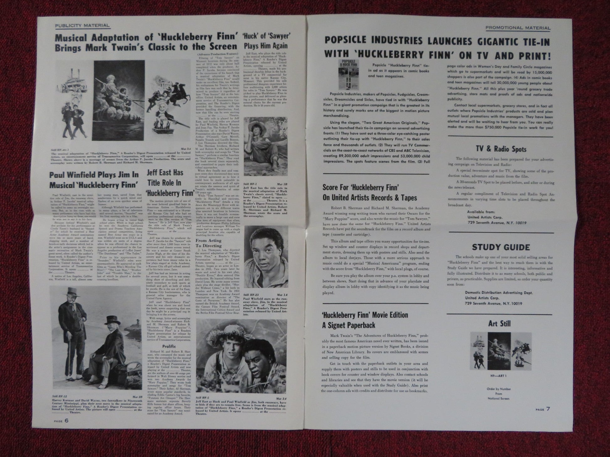 HUCKLEBERRY FINN UNCUT UNITED ARTISTS FOLDED PRESS BOOK JEFF EAST 1974 Rendezvous Cinema Movie posters