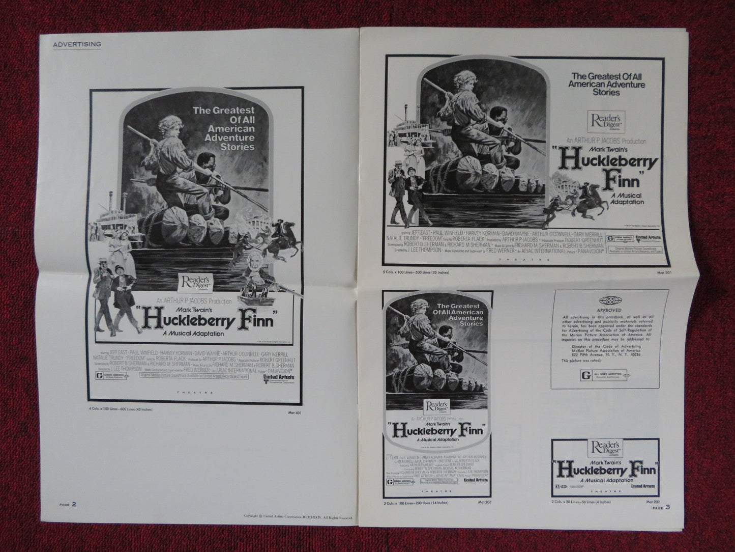 HUCKLEBERRY FINN UNCUT UNITED ARTISTS FOLDED PRESS BOOK JEFF EAST 1974 Rendezvous Cinema Movie posters