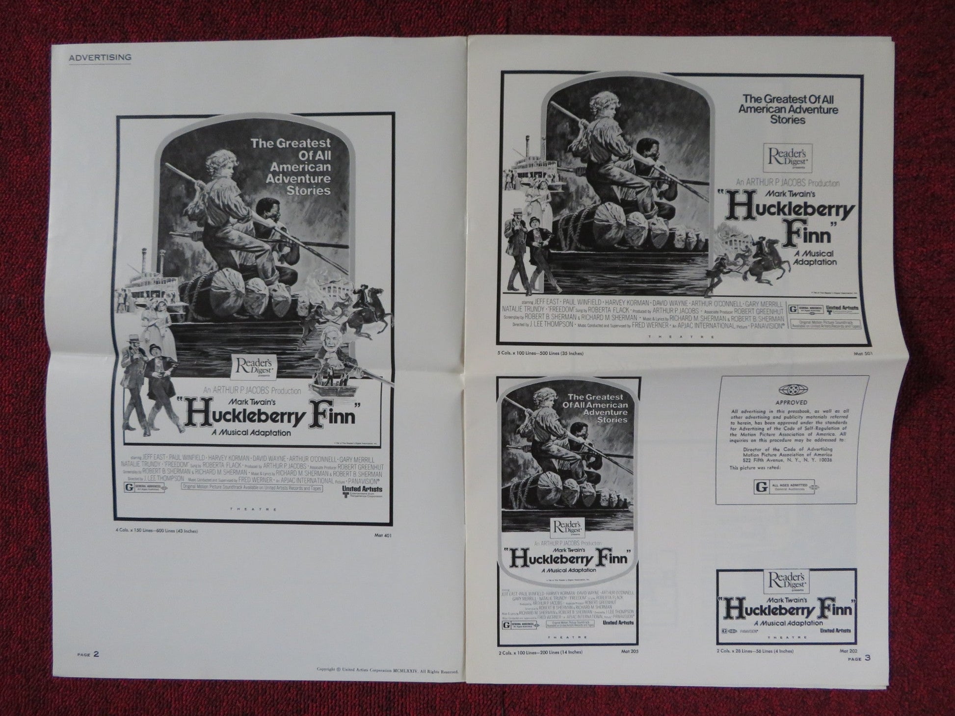 HUCKLEBERRY FINN UNCUT UNITED ARTISTS FOLDED PRESS BOOK JEFF EAST 1974 Rendezvous Cinema Movie posters