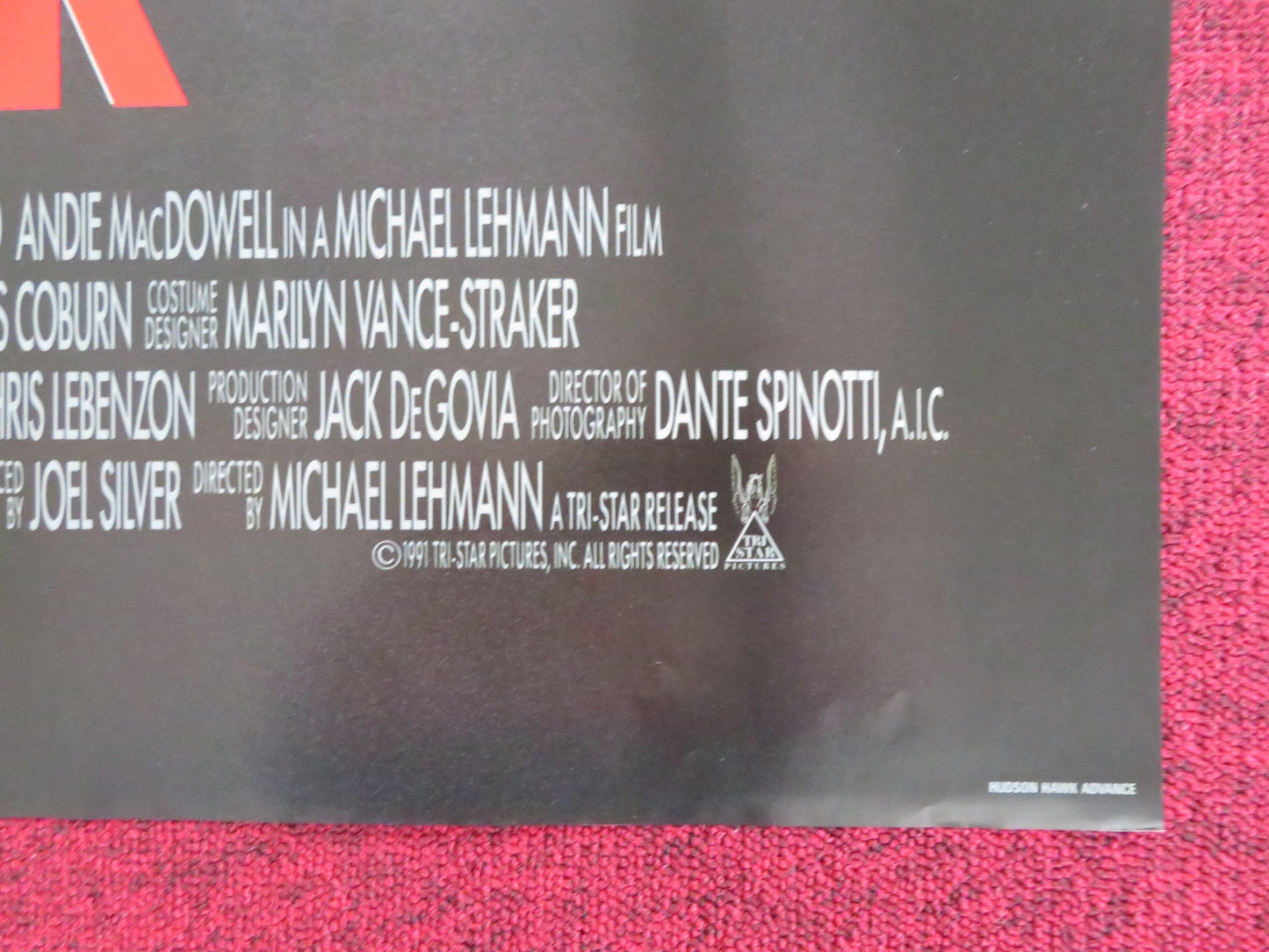 HUDSON HAWK - B FOLDED US ONE SHEET POSTER BRUCE WILLIS ANDIE MACDOWELL 1991 Rendezvous Cinema Movie posters