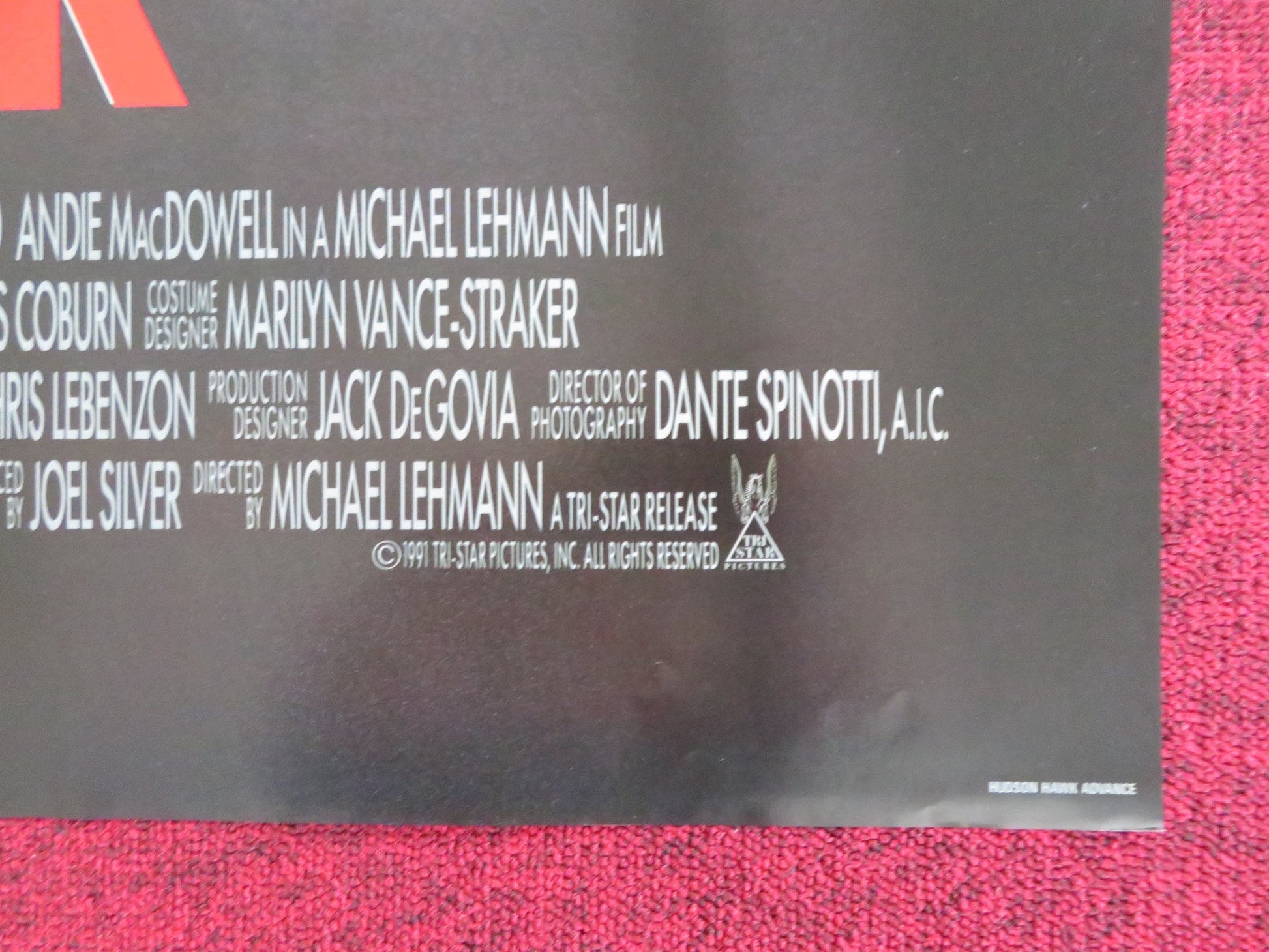 HUDSON HAWK - B FOLDED US ONE SHEET POSTER BRUCE WILLIS ANDIE MACDOWELL 1991 Rendezvous Cinema Movie posters