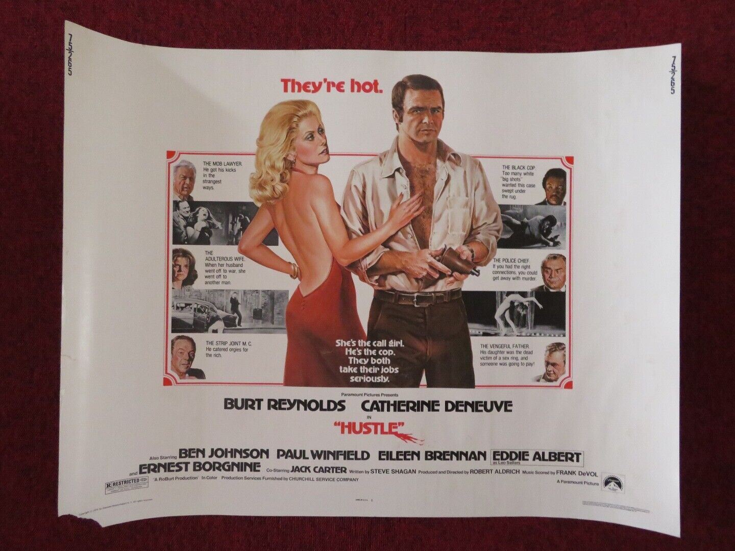 HUSTLE US HALF SHEET (22"x 28") POSTER BURT REYNOLDS CATHERINE DENEUVE 1975 Movie posters