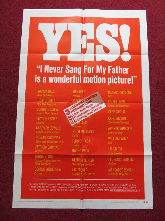 I NEVER SANG FOR MY FATHER FOLDED US ONE SHEET POSTER GENE HACKMAN 1970 Movie posters