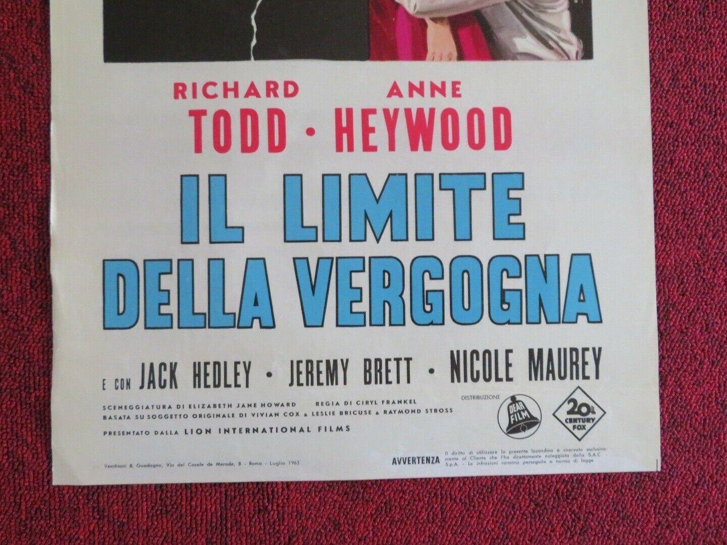 IL LIMITE DELLA VERGOGNA ITALIAN LOCANDINA (27.5"x13") POSTER R TODD 1963 Movie posters
