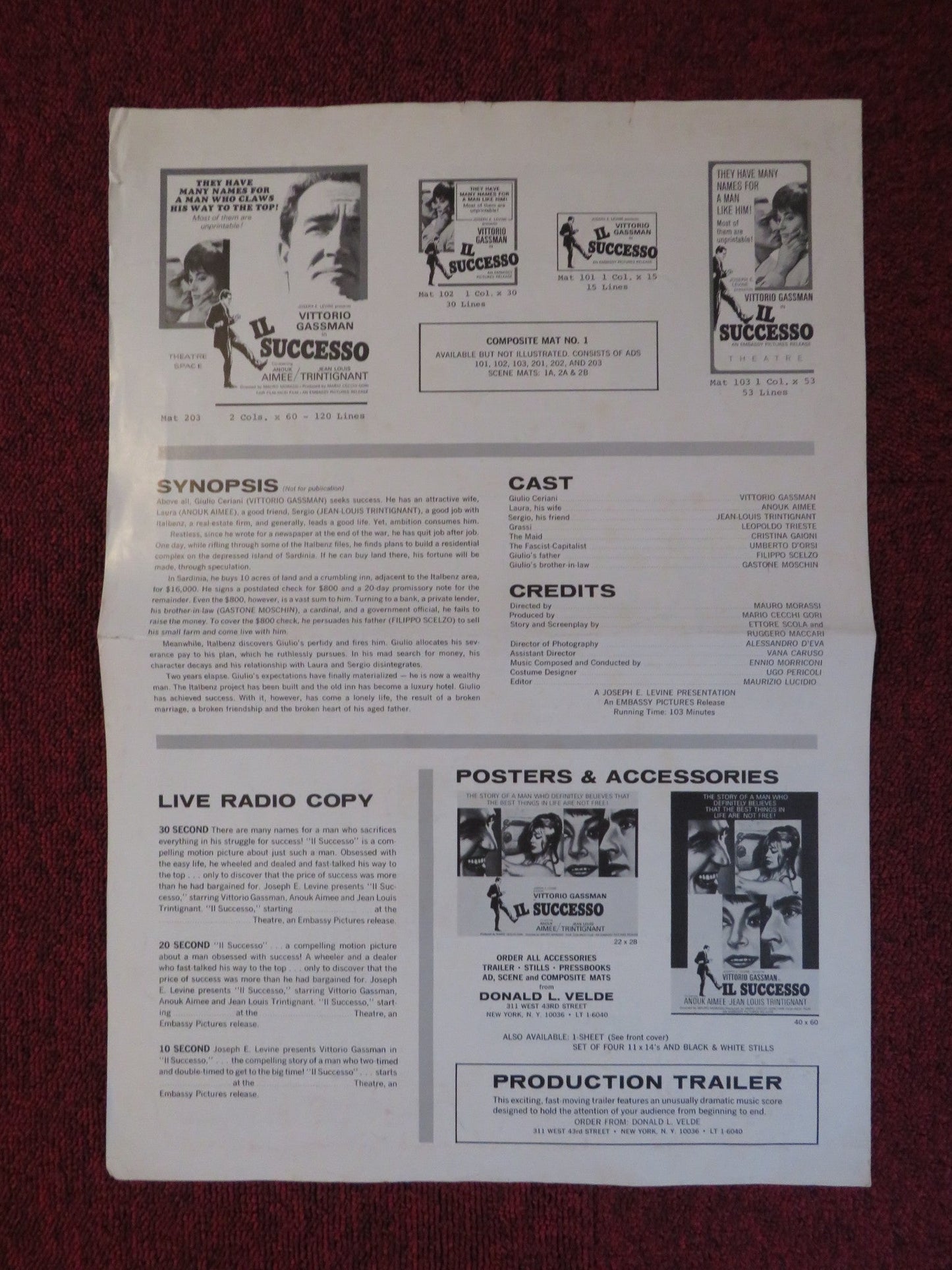 IL SUCCESSO UNCUT EMBASSY PICTURES FOLDED PRESS BOOK VITTORIO GASSMAN 1963 Rendezvous Cinema Movie posters