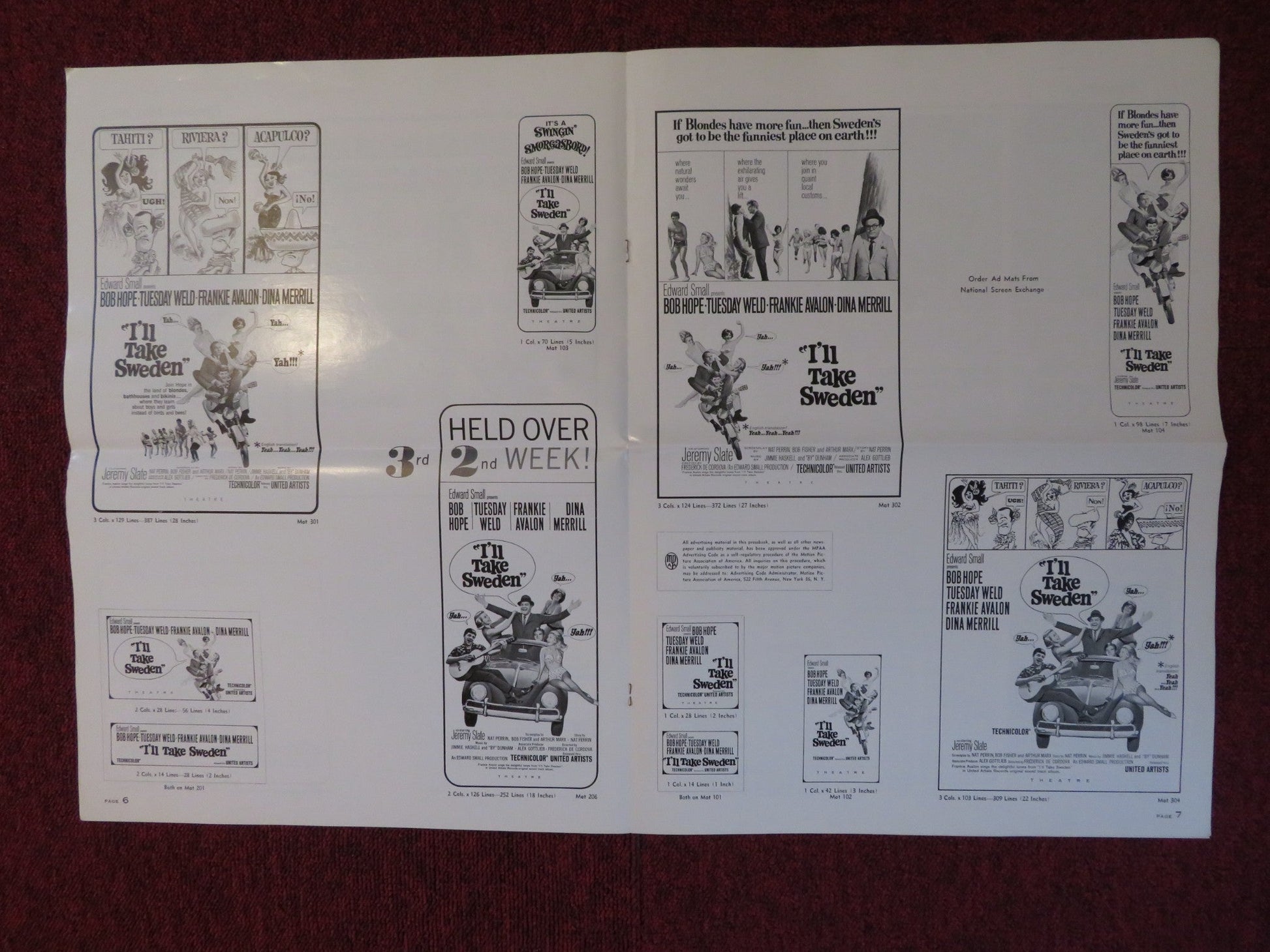 I'LL TAKE SWEDEN UNCUT UNITED ARTISTS FOLDED PRESS BOOK BOB HOPE 1965 Rendezvous Cinema Movie posters