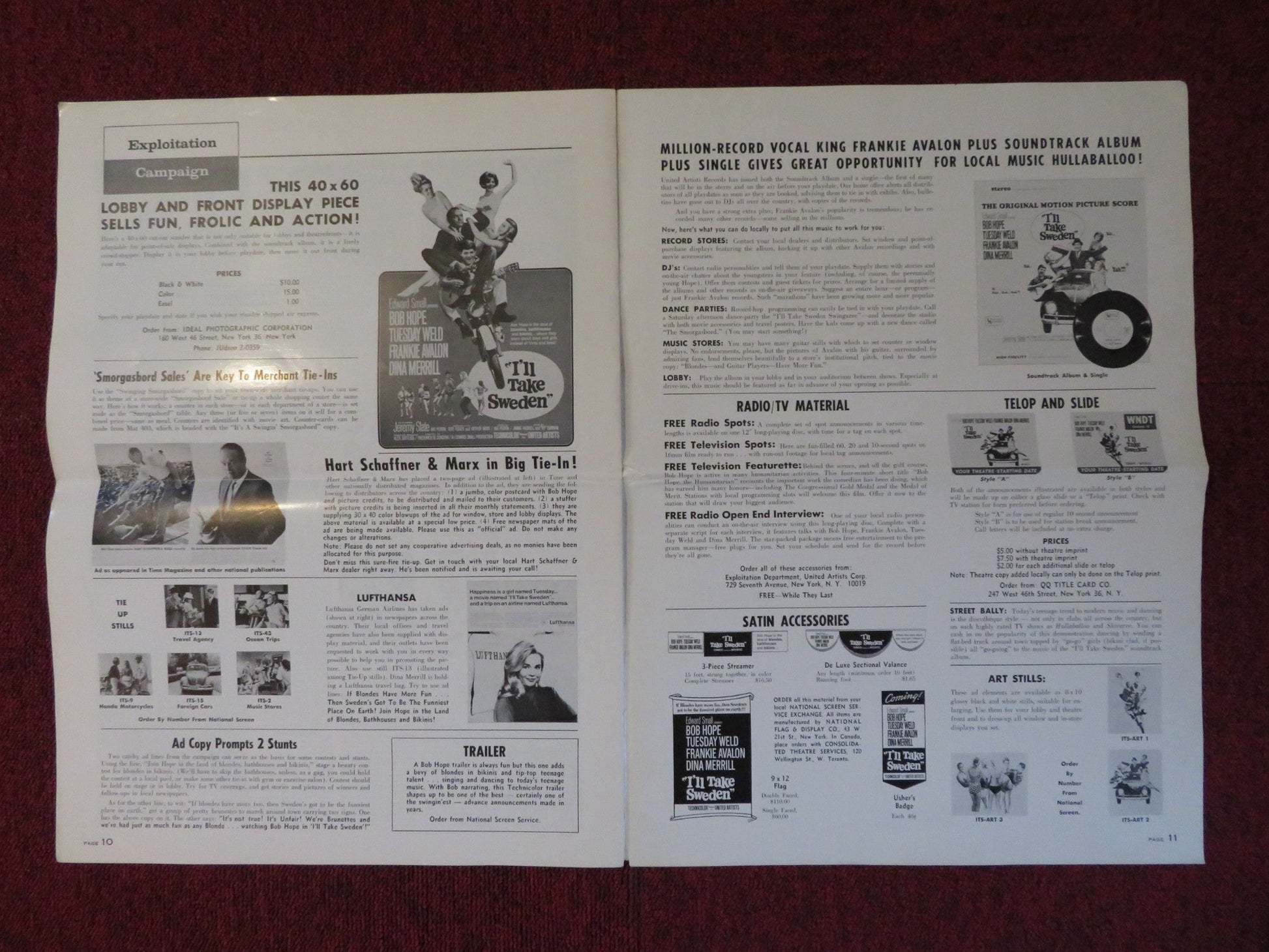 I'LL TAKE SWEDEN UNCUT UNITED ARTISTS FOLDED PRESS BOOK BOB HOPE 1965 Rendezvous Cinema Movie posters