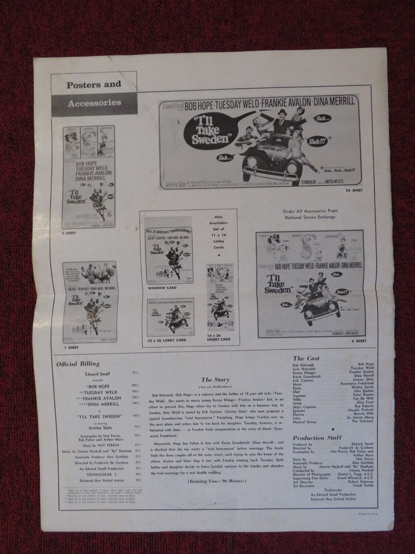 I'LL TAKE SWEDEN UNCUT UNITED ARTISTS FOLDED PRESS BOOK BOB HOPE 1965 Rendezvous Cinema Movie posters