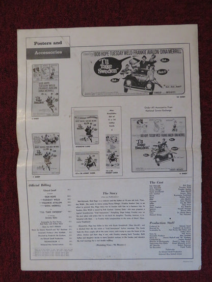 I'LL TAKE SWEDEN UNCUT UNITED ARTISTS FOLDED PRESS BOOK BOB HOPE 1965 Rendezvous Cinema Movie posters