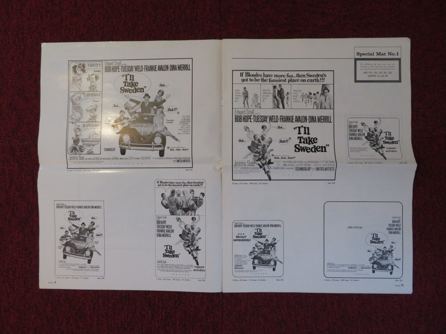 I'LL TAKE SWEDEN UNCUT UNITED ARTISTS FOLDED PRESS BOOK BOB HOPE 1965 Rendezvous Cinema Movie posters