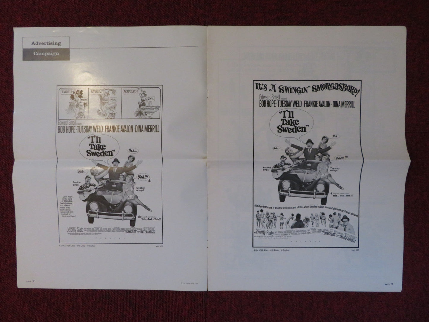 I'LL TAKE SWEDEN UNCUT UNITED ARTISTS FOLDED PRESS BOOK BOB HOPE 1965 Rendezvous Cinema Movie posters