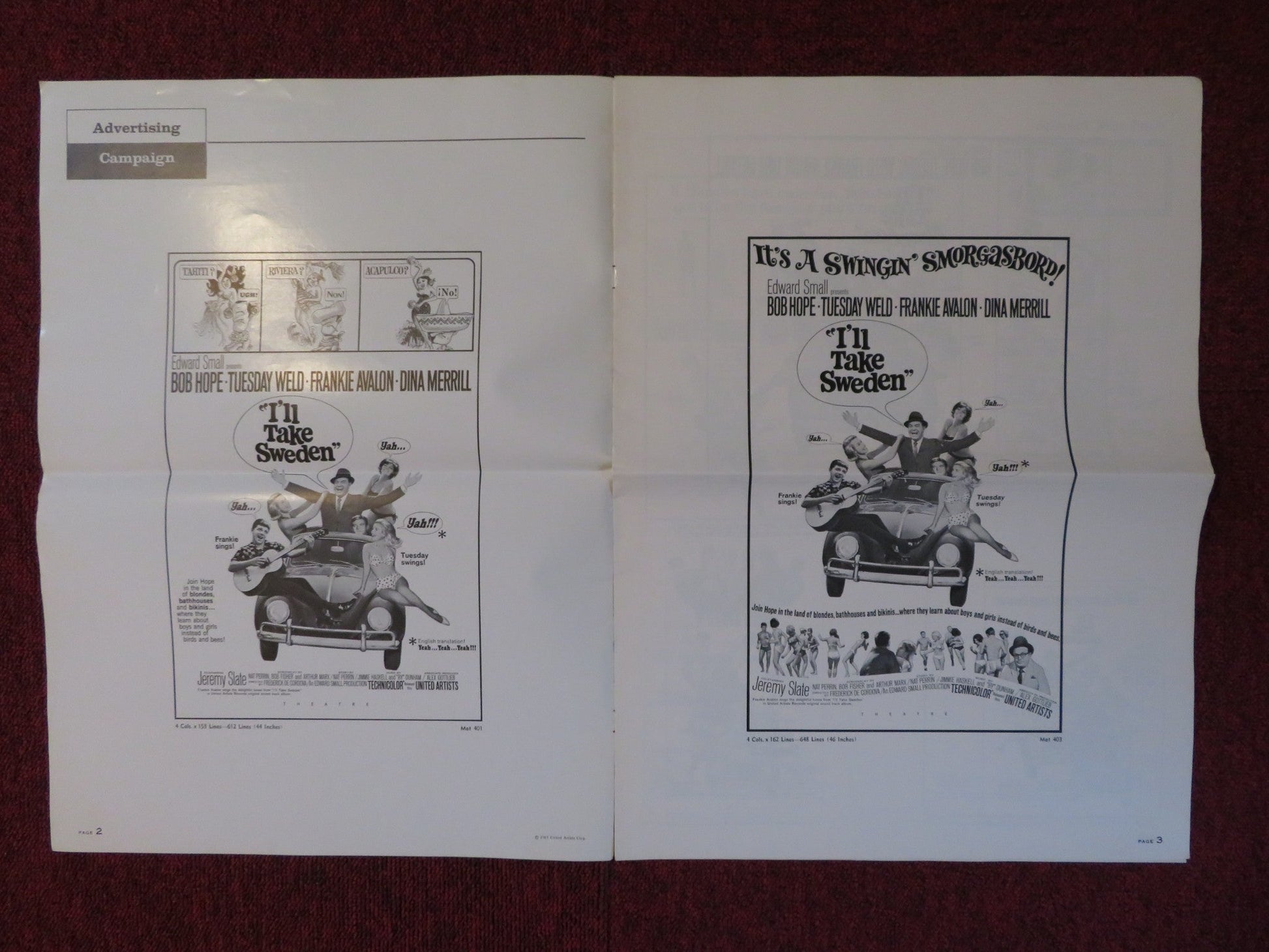 I'LL TAKE SWEDEN UNCUT UNITED ARTISTS FOLDED PRESS BOOK BOB HOPE 1965 Rendezvous Cinema Movie posters