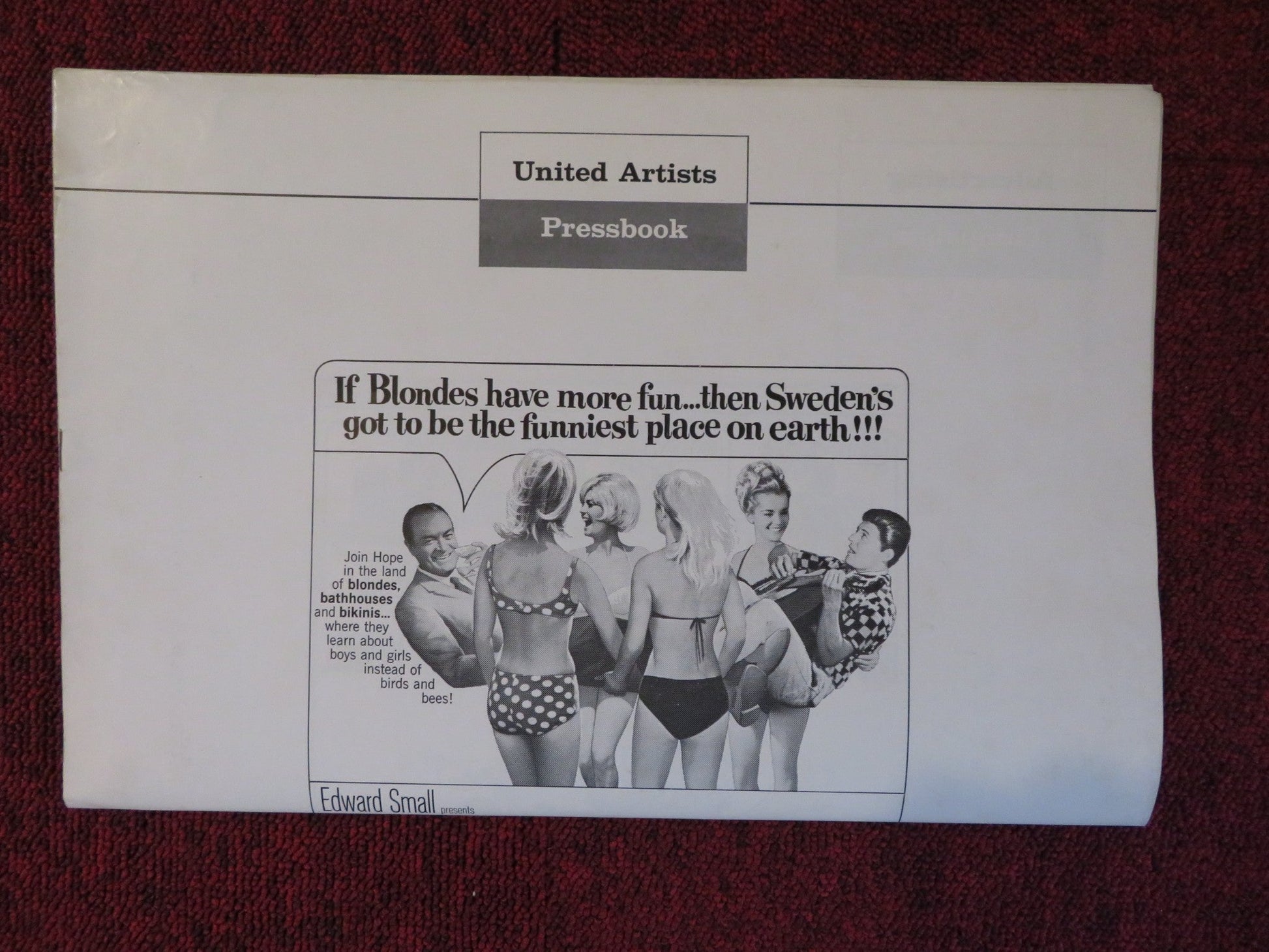 I'LL TAKE SWEDEN UNCUT UNITED ARTISTS FOLDED PRESS BOOK BOB HOPE 1965 Rendezvous Cinema Movie posters