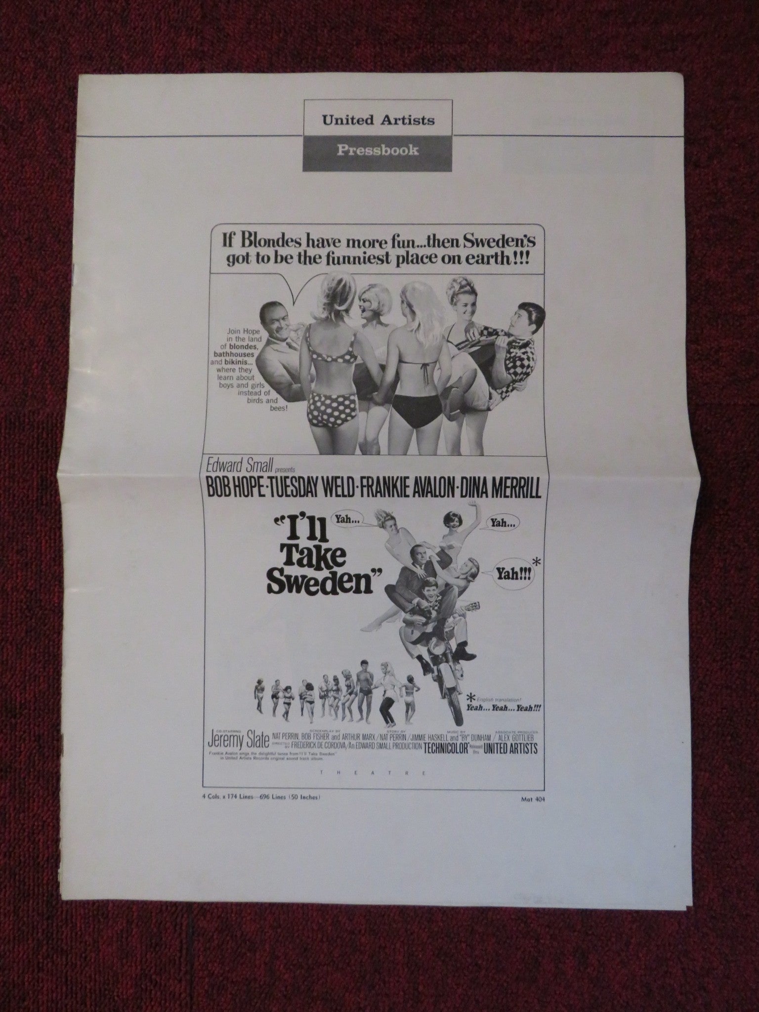 I'LL TAKE SWEDEN UNCUT UNITED ARTISTS FOLDED PRESS BOOK BOB HOPE 1965 Rendezvous Cinema Movie posters
