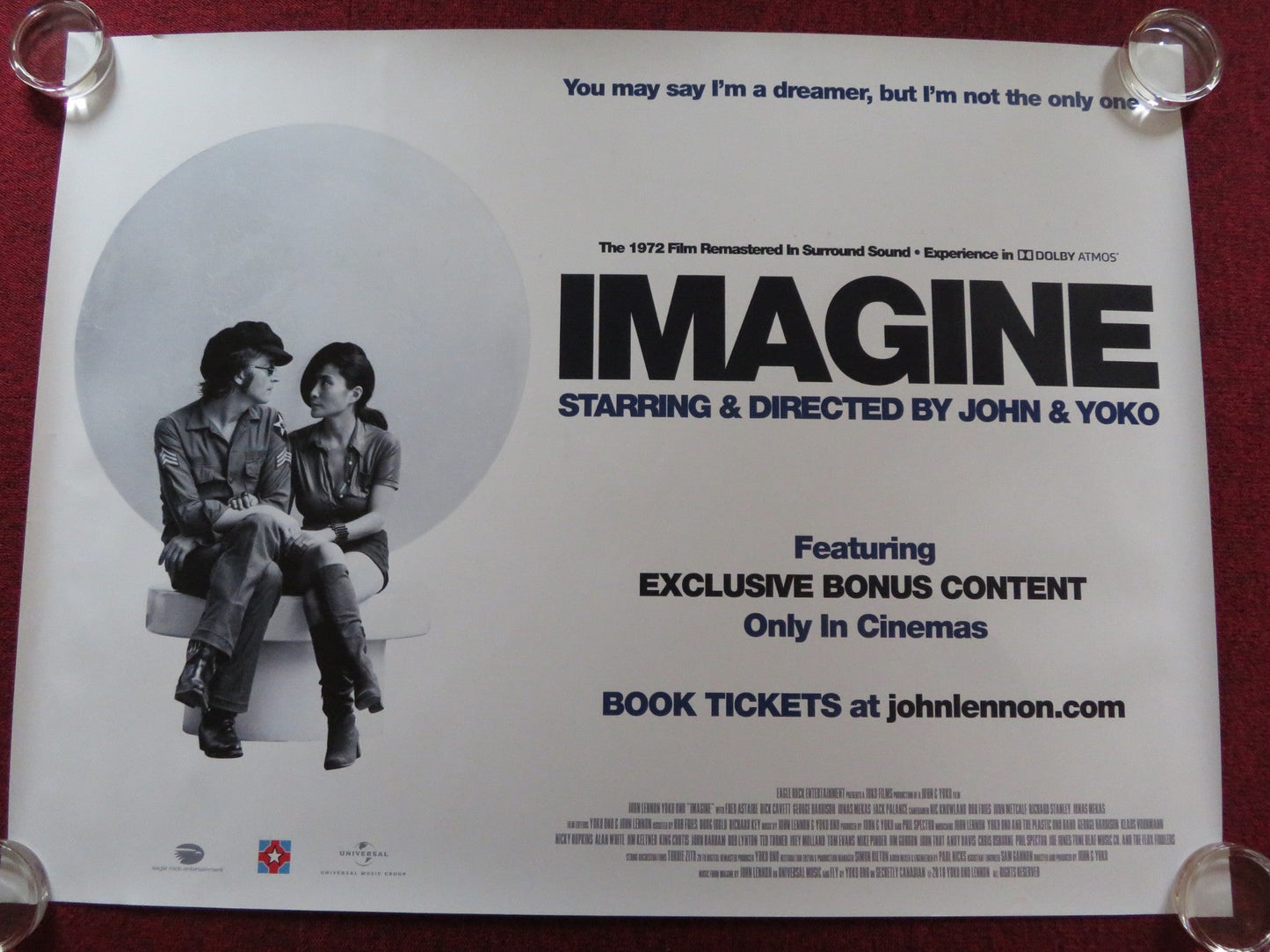 IMAGINE UK QUAD (30"x 40") ROLLED POSTER JOHN LENNON YOKO ONO 2018 REMASTERED Rendezvous Cinema Movie posters
