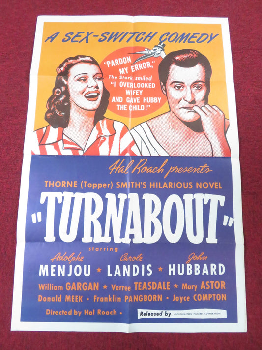 TURNABOUT FOLDED US ONE SHEET POSTER ADOLPHE MENJOU CAROLE LANDIS R1950s