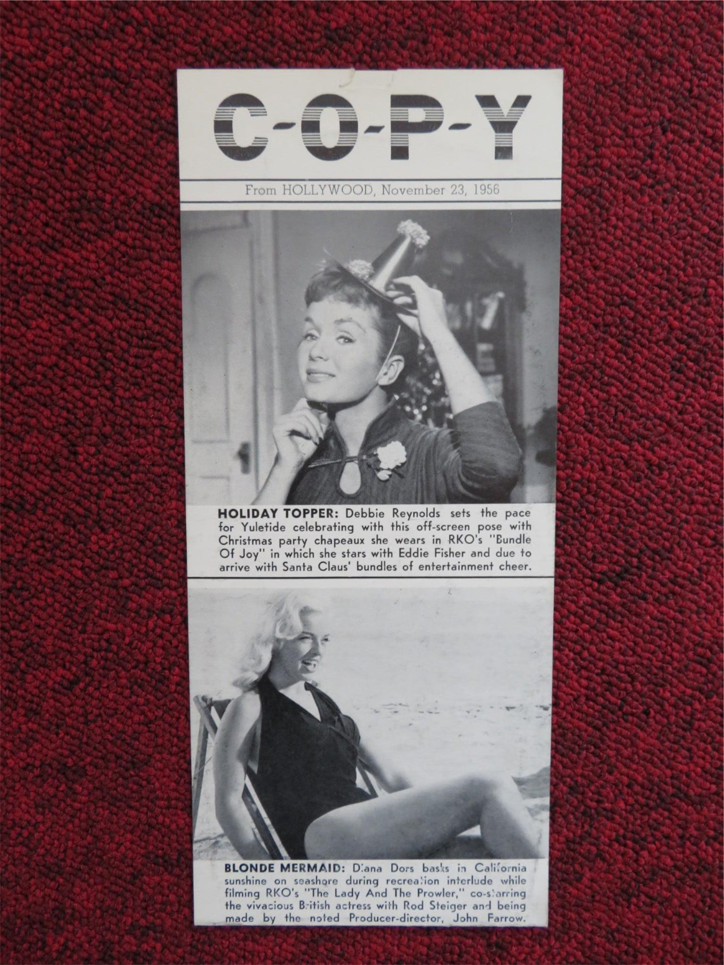 COPY FLYER NOV. 23, 1956 RKO RADIO DEBBIE REYNOLDS DIANA DORS KIM HUNTER - Rendezvous Cinema