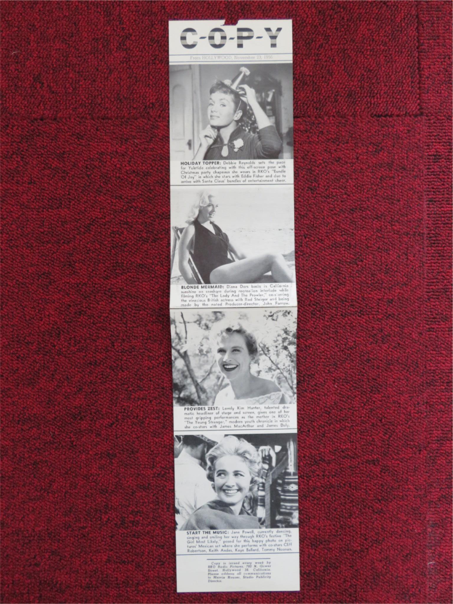 COPY FLYER NOV. 23, 1956 RKO RADIO DEBBIE REYNOLDS DIANA DORS KIM HUNTER - Rendezvous Cinema