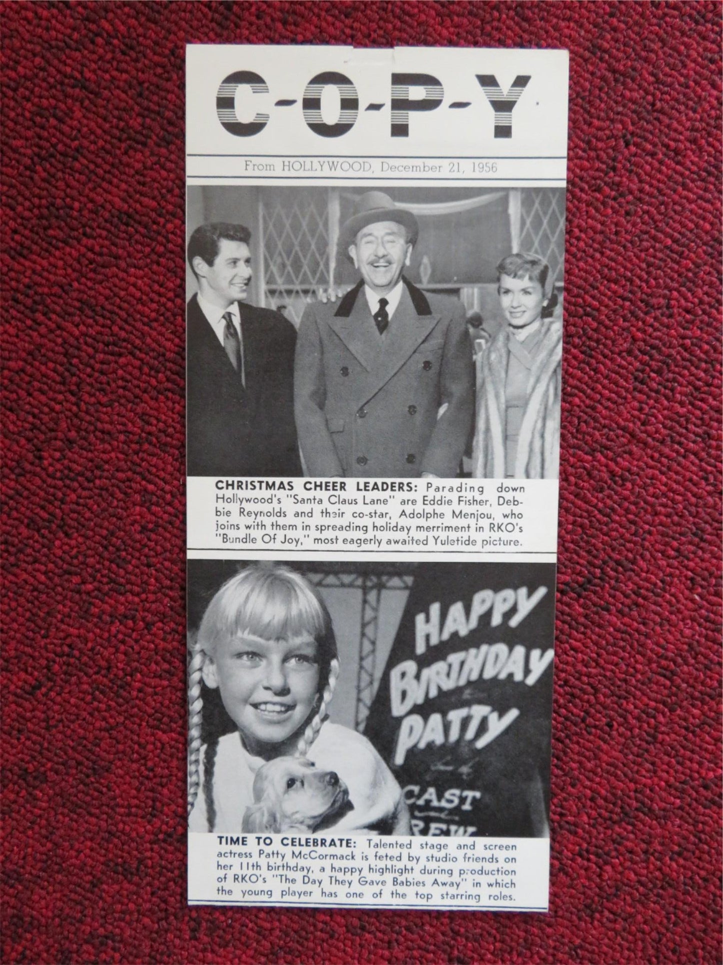 COPY FLYER DEC 21, 1956 RKO RADIO DEBBIE REYNOLDS PATTI MCCORMACK - Rendezvous Cinema