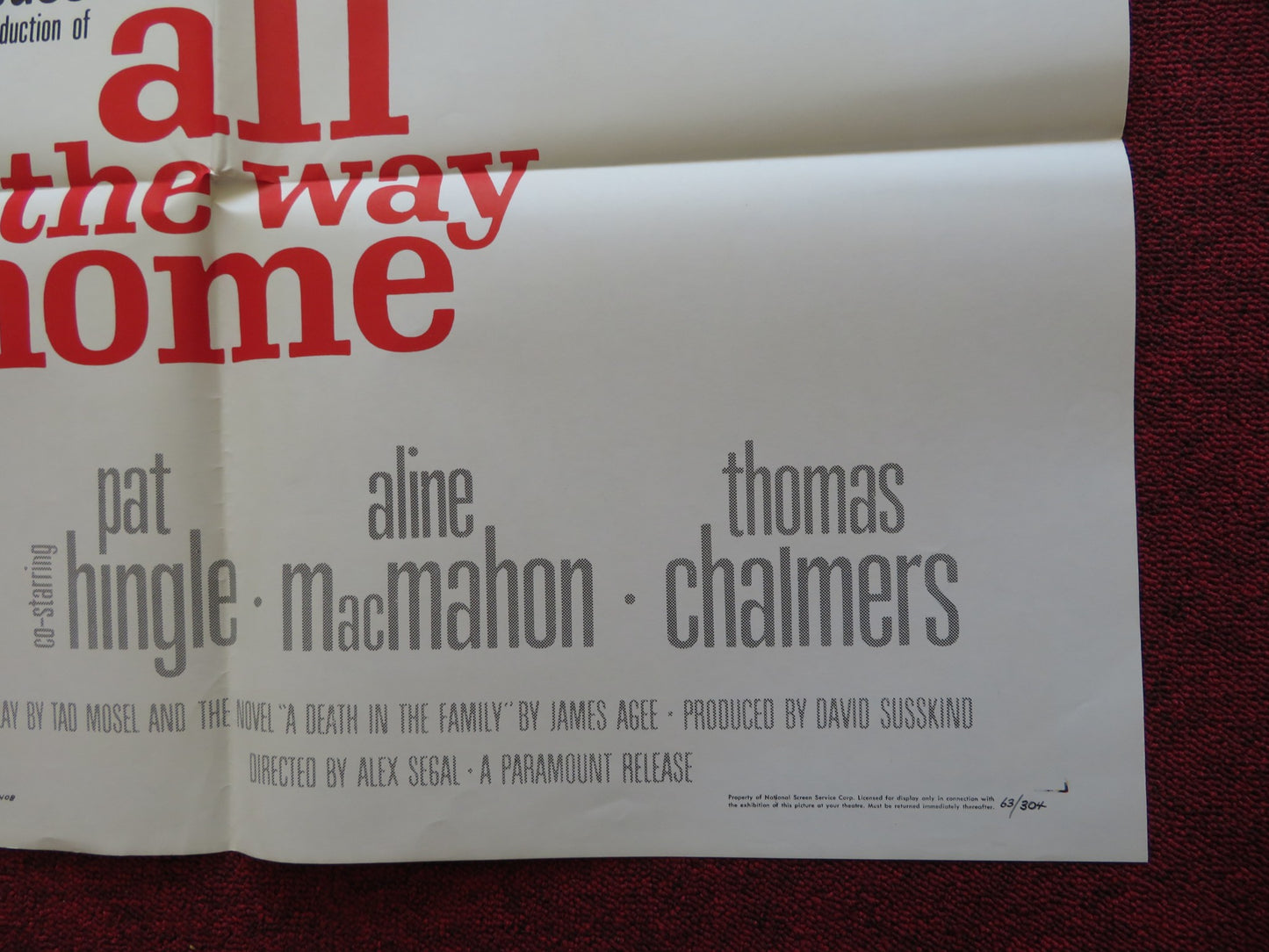 ALL THE WAY HOME FOLDED US ONE SHEET POSTER JEAN SIMMONS ROBERT PRESTON 1963 - Rendezvous Cinema