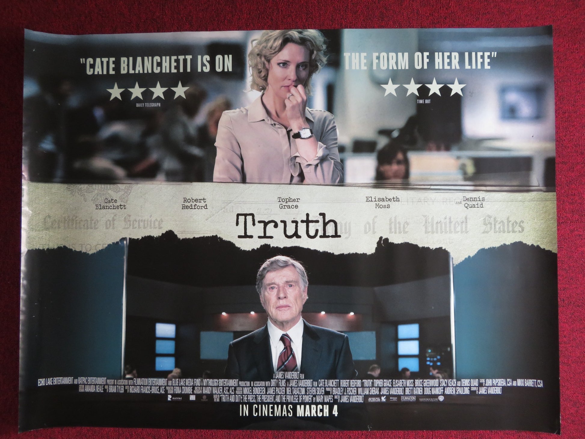 TRUTH UK QUAD (30"x 40") ROLLED POSTER CATE BLANCHETT ROBERT REDFORD 2015 - Rendezvous Cinema