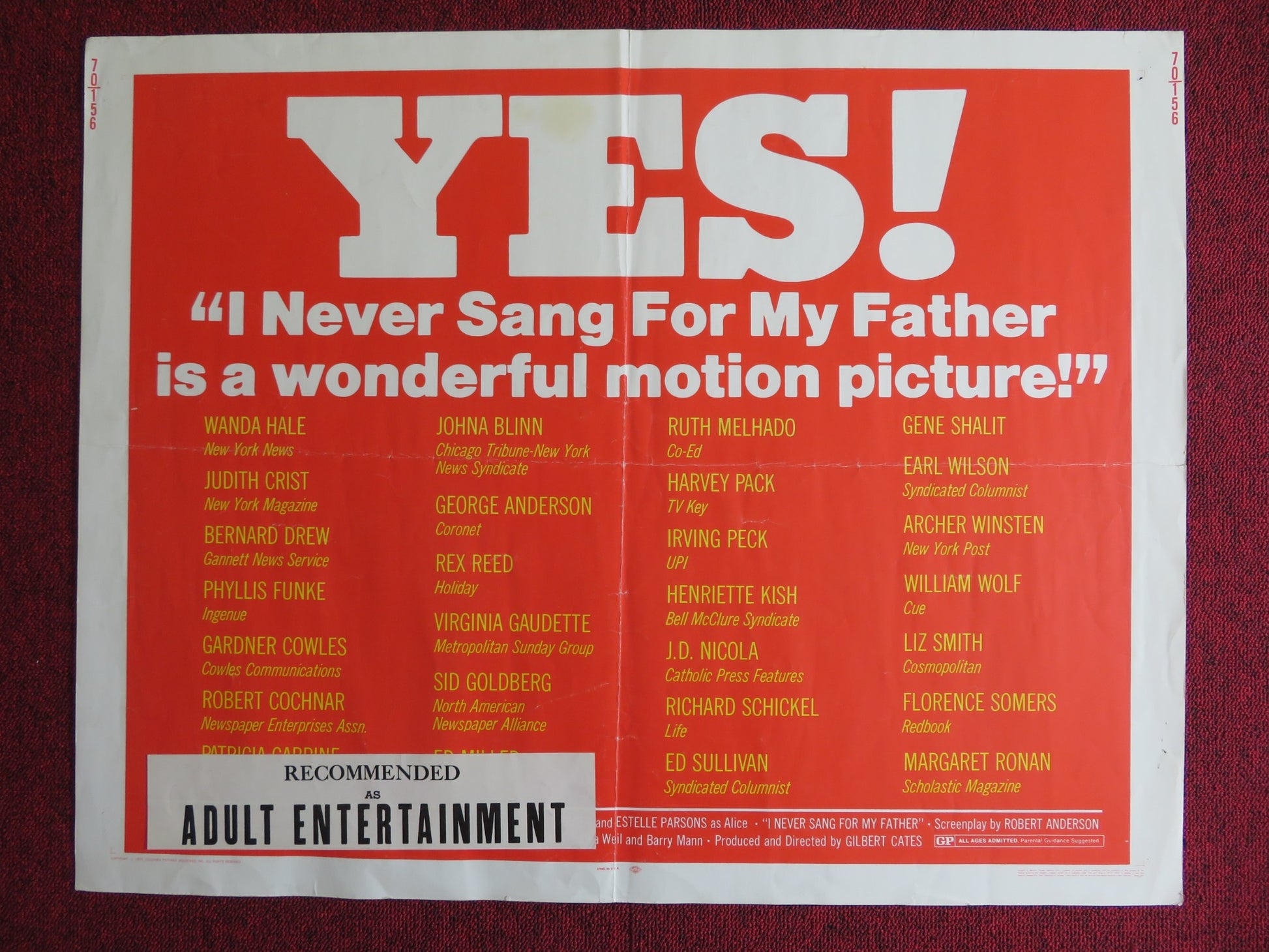 I NEVER SANG FOR MY FATHER US HALF SHEET (22"x 28") POSTER GENE HACKMAN 1970 - Rendezvous Cinema