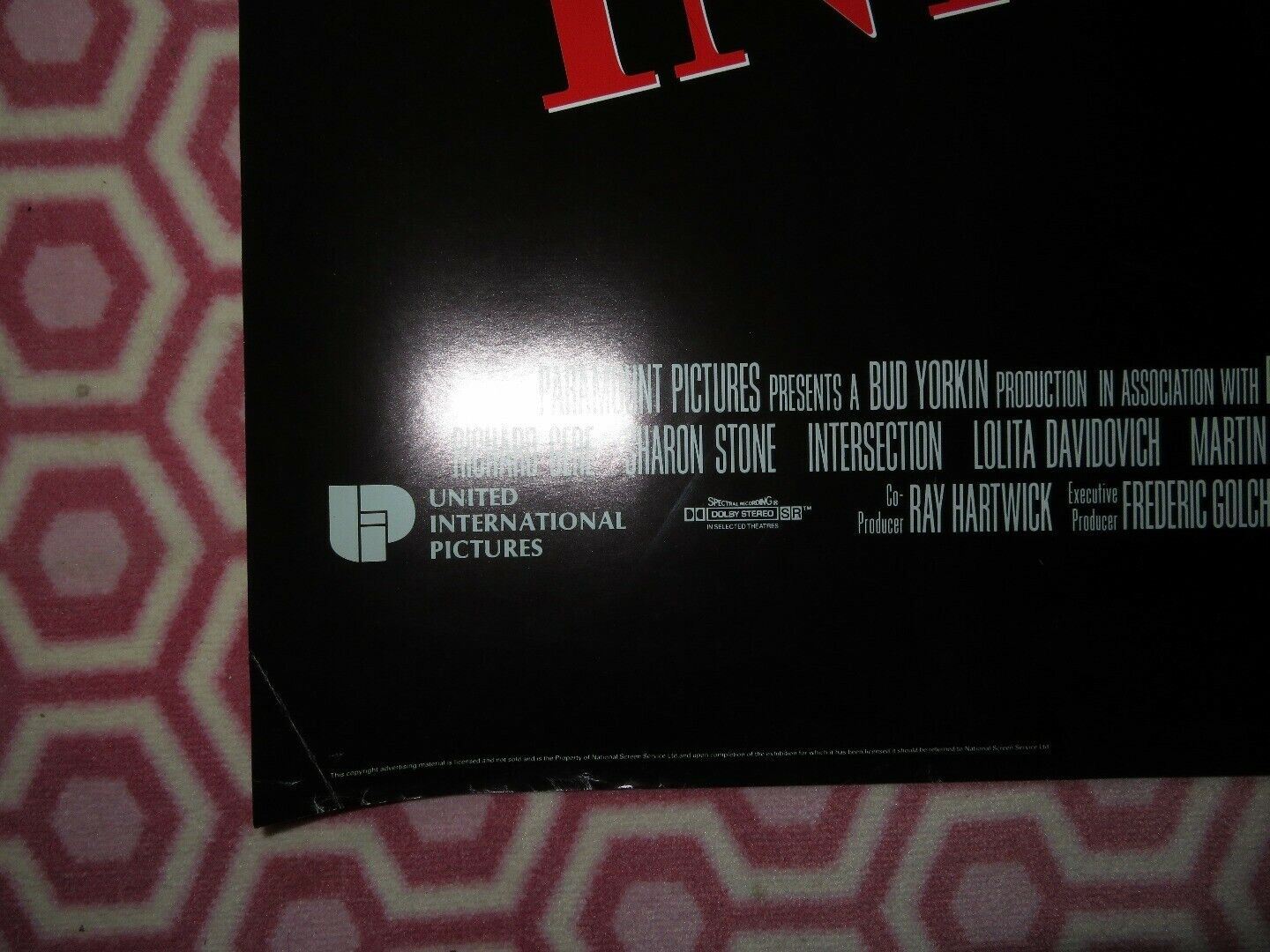 INTERSECTION QUAD (30"x 40") ROLLED POSTER RICHARD GERE SHARON STONE 1994 Movie posters