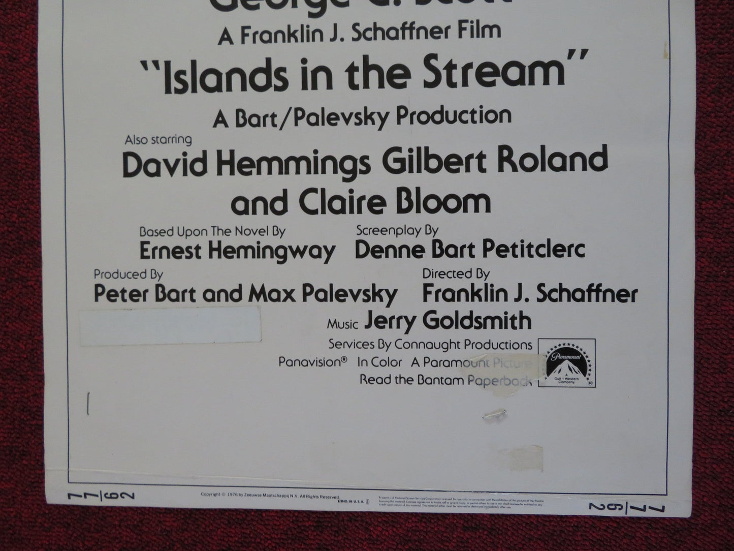 ISLANDS IN THE STREAM US INSERT (14"x 36") POSTER GEORGE C.SCOTT C. BLOOM 1977 Rendezvous Cinema Movie posters