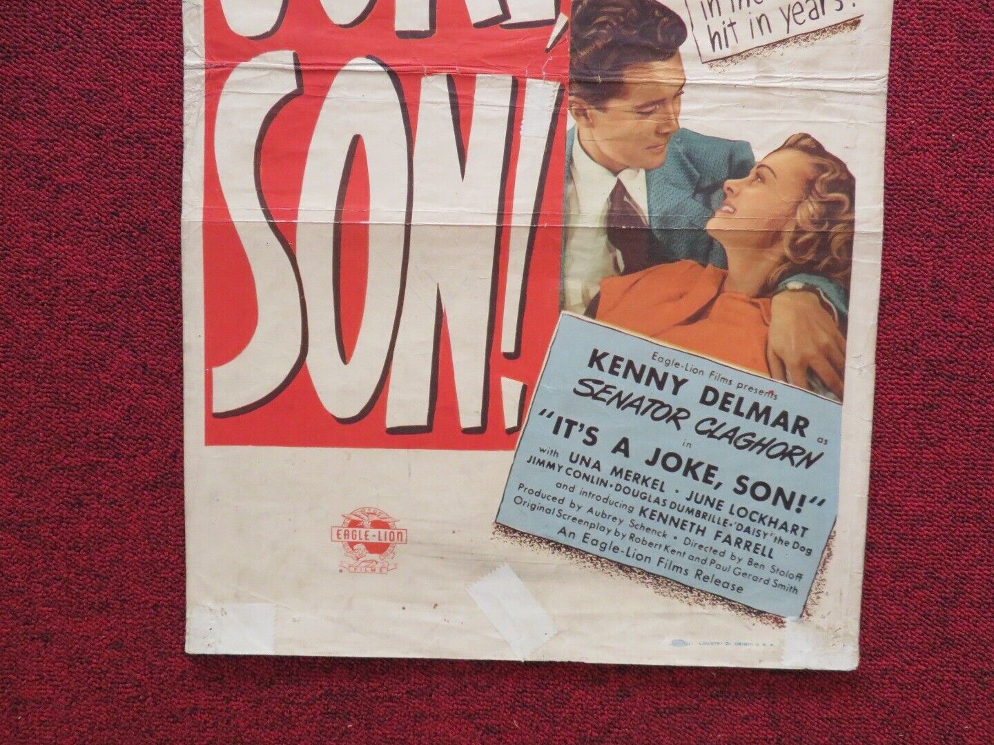 IT'S A JOKE SON US INSERT (14"x 36") POSTER KENNY DELMAR UNA MERKEL 1947 Rendezvous Cinema Movie posters