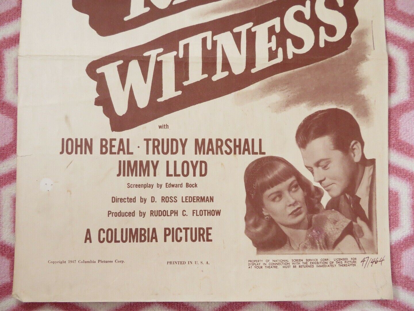 KEY WITNESS US INSERT (14"x 36") POSTER JOHN BEAL TRUDY MARSHALL 1947 Movie posters
