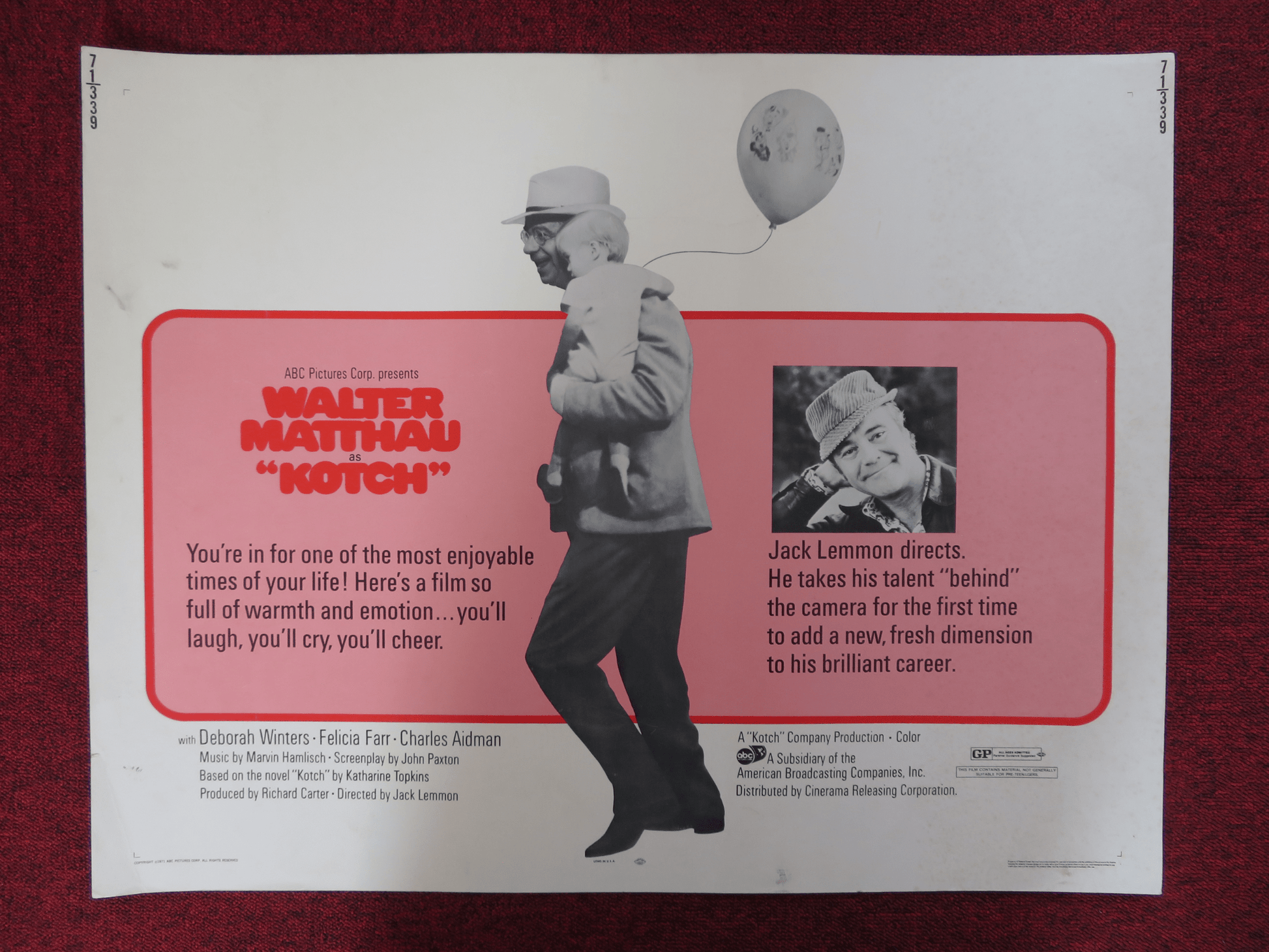 KOTCH US HALF SHEET (22"x 28") POSTER WALTER MATTHAU DEBORAH WINTERS 1971 Rendezvous Cinema Movie posters