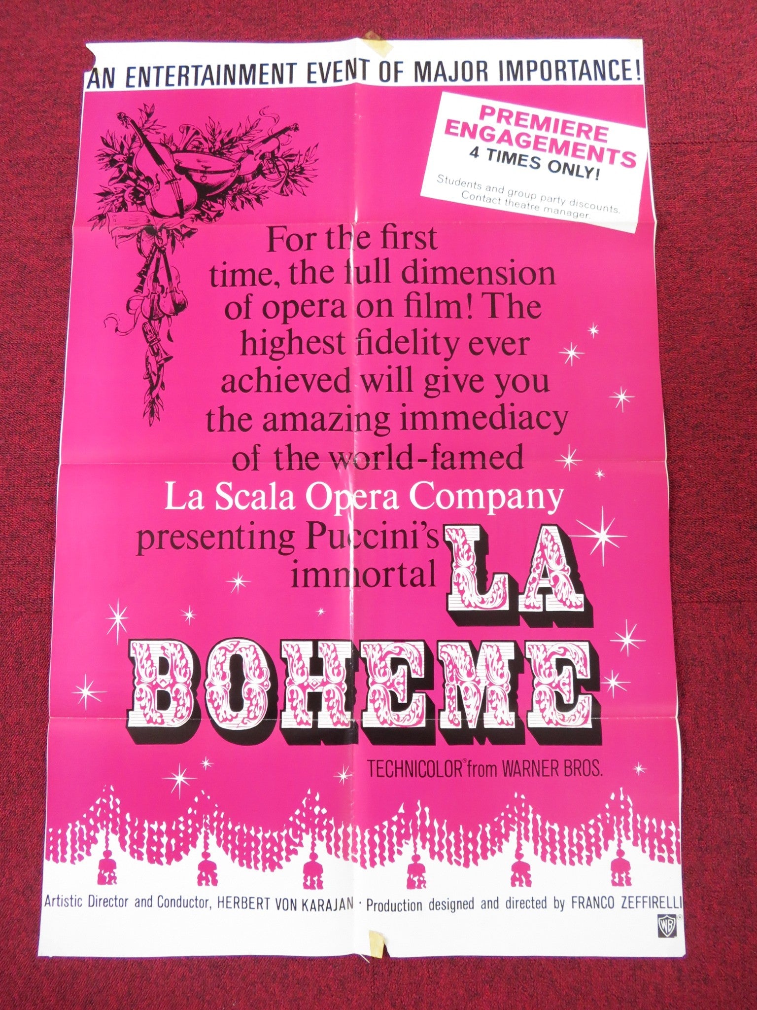 LA BOHEME FOLDED US ONE SHEET POSTER MIRELLA FRENI ADRIANA MARTINO 1965 Rendezvous Cinema Movie posters