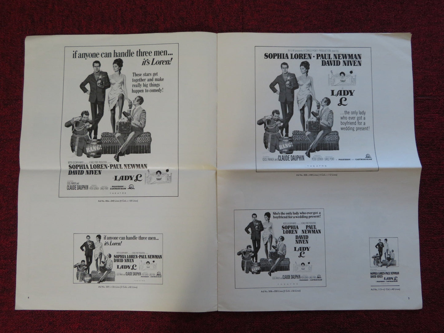 LADY L UNCUT EXHIBTOR FOLDED PRESS BOOK SOPHIA LOREN PAUL NEWMAN 1965 Rendezvous Cinema Movie posters