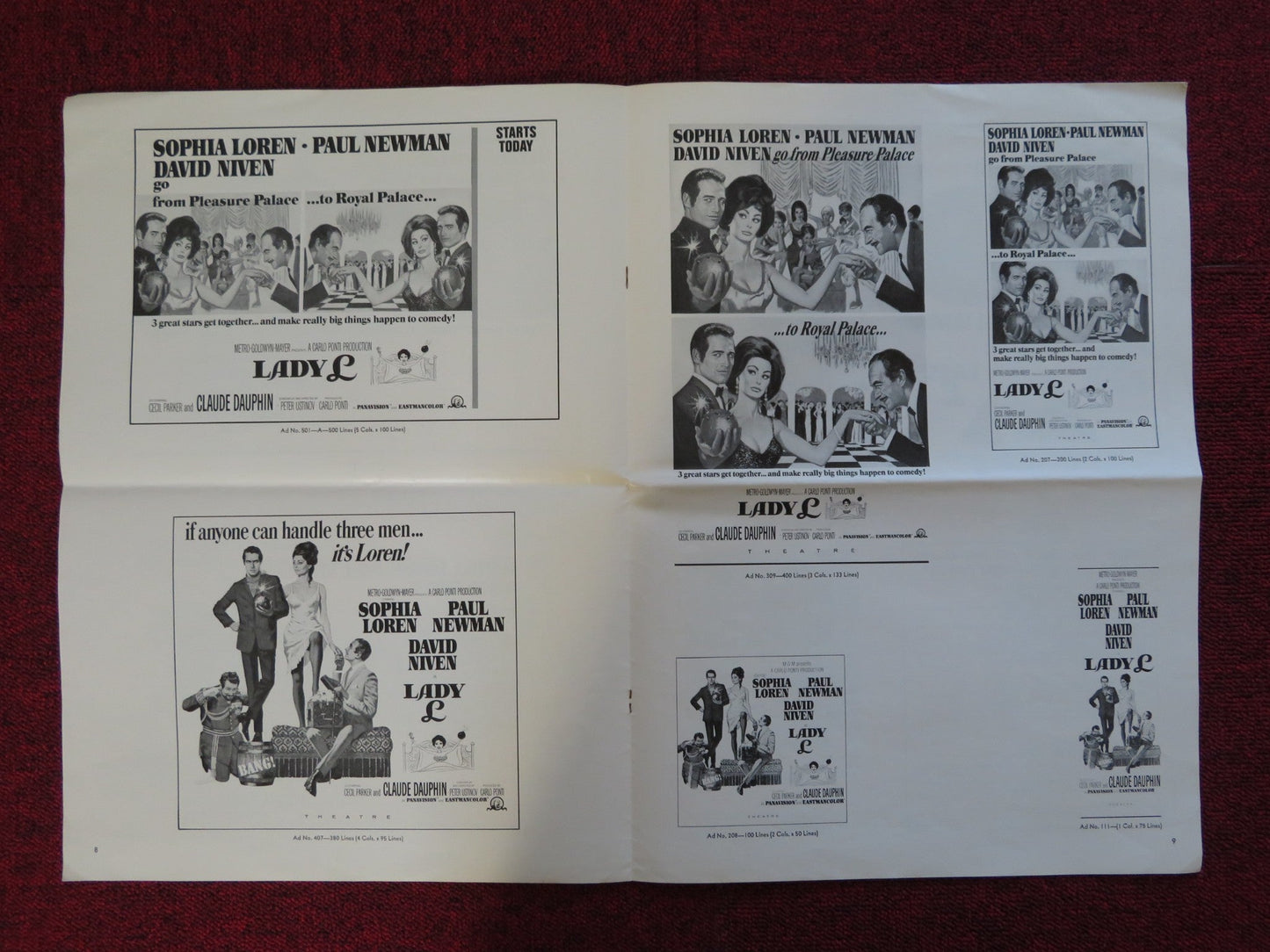 LADY L UNCUT EXHIBTOR FOLDED PRESS BOOK SOPHIA LOREN PAUL NEWMAN 1965 Rendezvous Cinema Movie posters