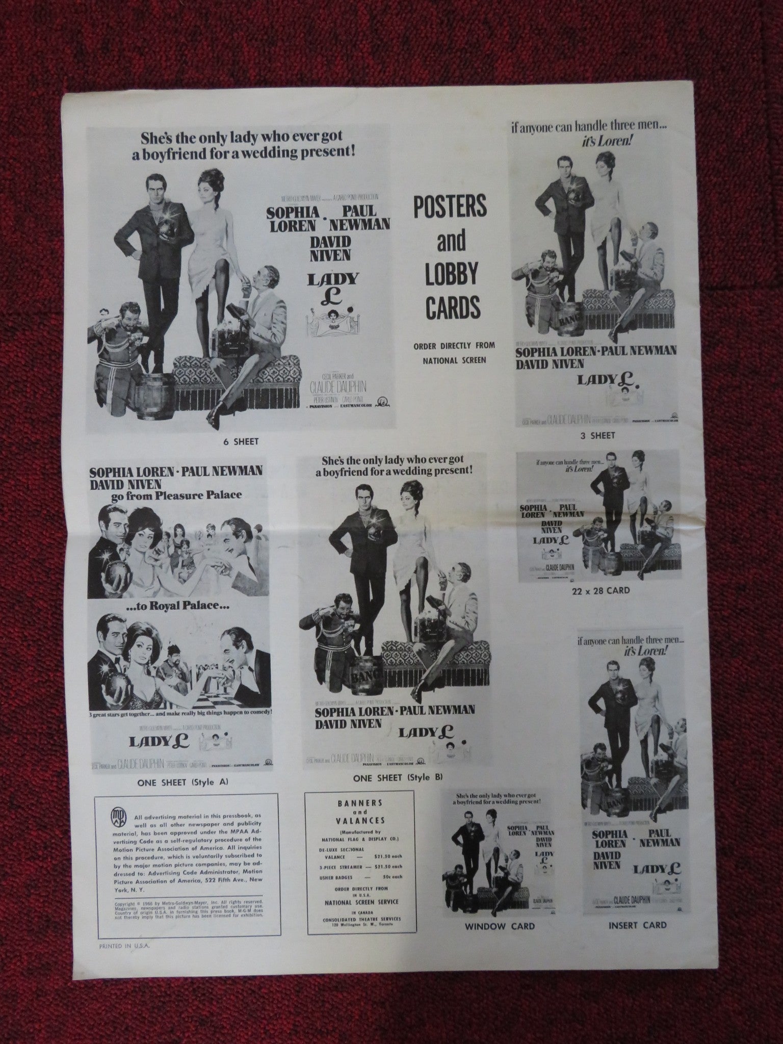 LADY L UNCUT EXHIBTOR FOLDED PRESS BOOK SOPHIA LOREN PAUL NEWMAN 1965 Rendezvous Cinema Movie posters