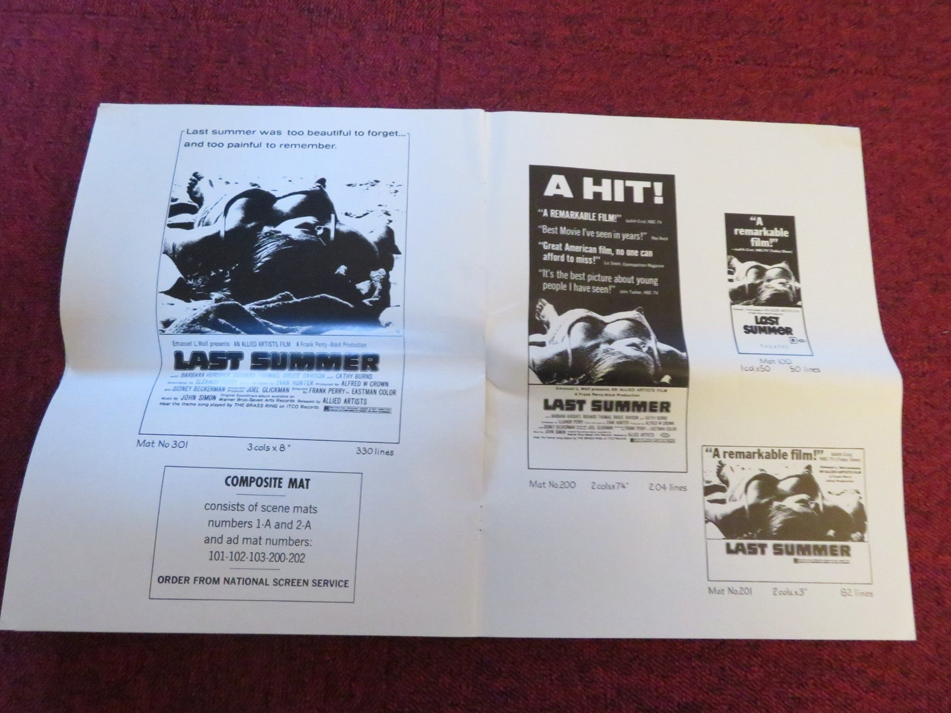LAST SUMMER - PRESSBOOK CUT ALLIED ARTISTS BARBARA HERSHEY RICHARD THOMAS 1969 Rendezvous Cinema Movie posters