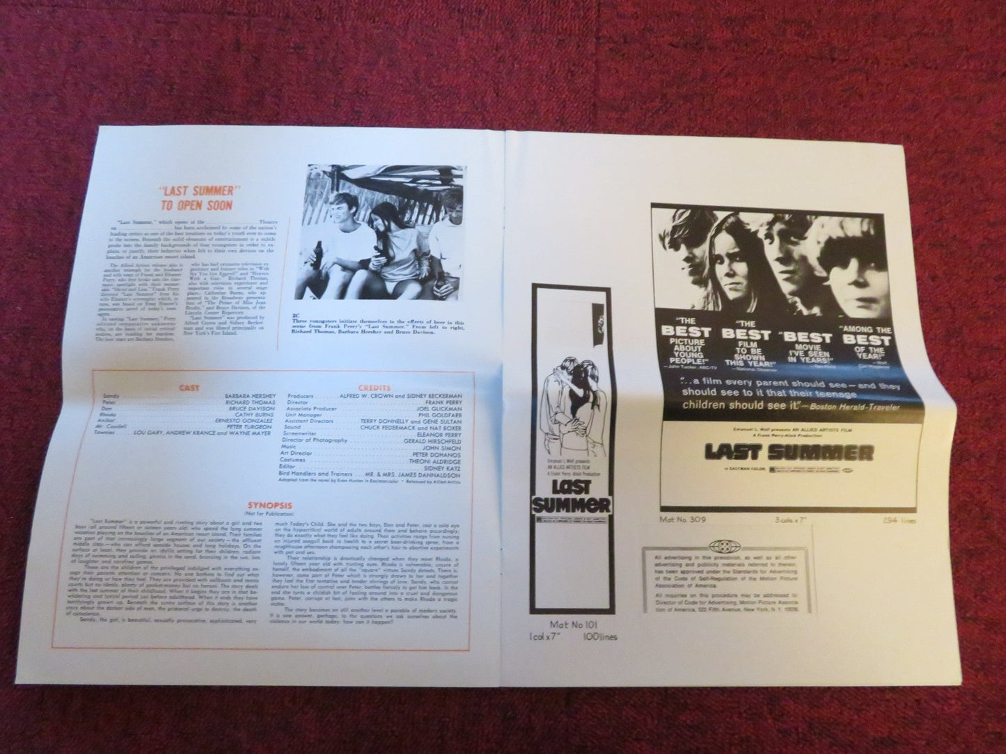 LAST SUMMER - PRESSBOOK CUT ALLIED ARTISTS BARBARA HERSHEY RICHARD THOMAS 1969 Rendezvous Cinema Movie posters