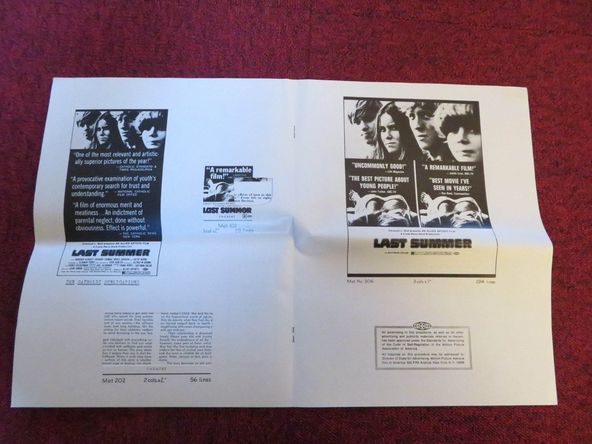 LAST SUMMER - PRESSBOOK CUT ALLIED ARTISTS BARBARA HERSHEY RICHARD THOMAS 1969 Rendezvous Cinema Movie posters