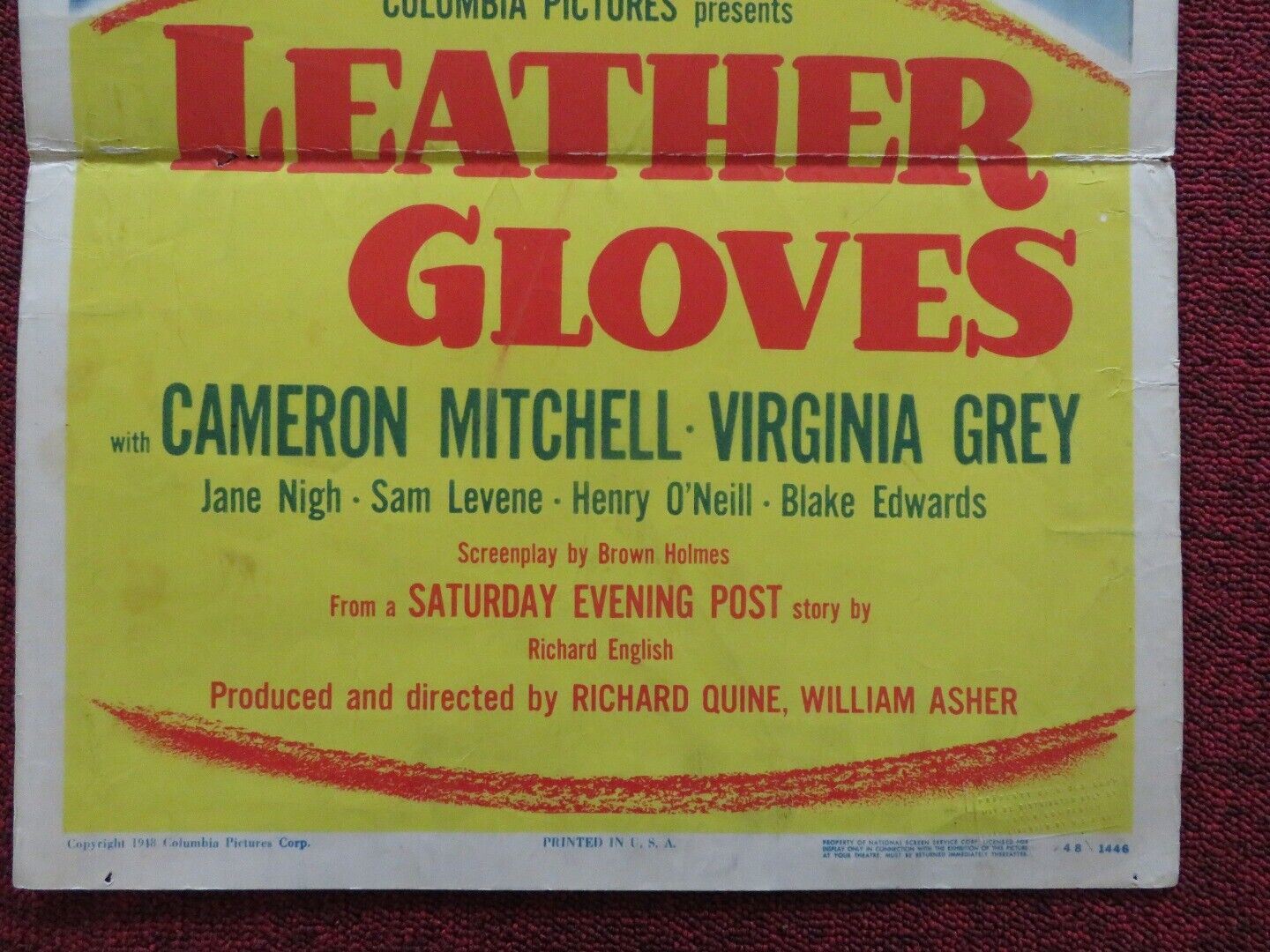 LEATHER GLOVES FOLDED US INSERT (14"x 36") POSTER CAMERON MITCHELL 1948 Movie posters