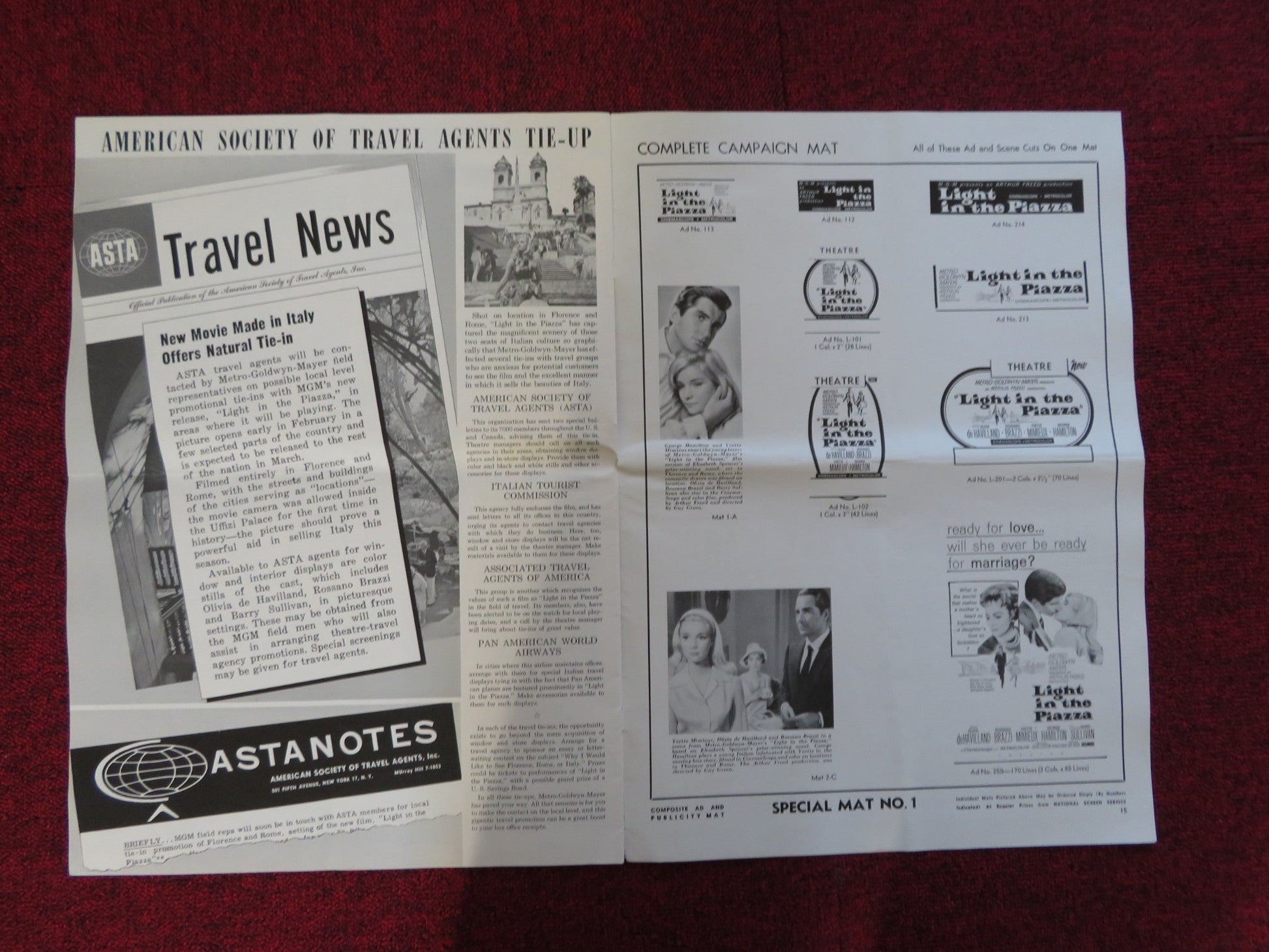 LIGHT IN THE PIAZZA UNCUT METRO GOLDWYN MAYER FOLDED PRESS BOOK BRAZZI 1962 Rendezvous Cinema Movie posters