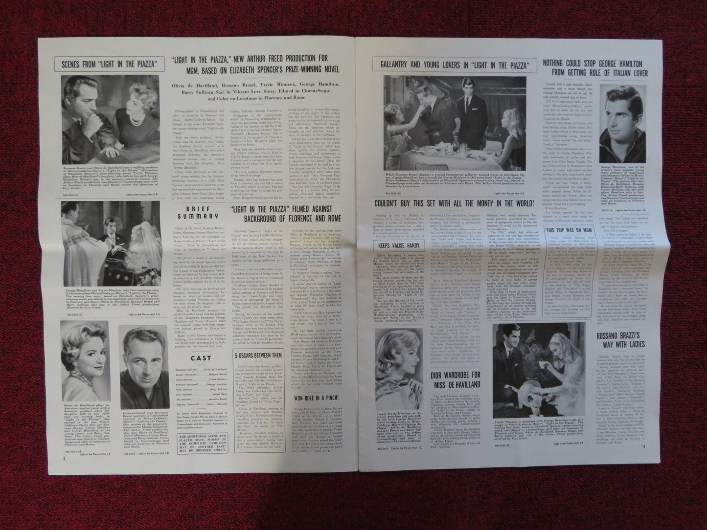LIGHT IN THE PIAZZA UNCUT METRO GOLDWYN MAYER FOLDED PRESS BOOK BRAZZI 1962 Rendezvous Cinema Movie posters