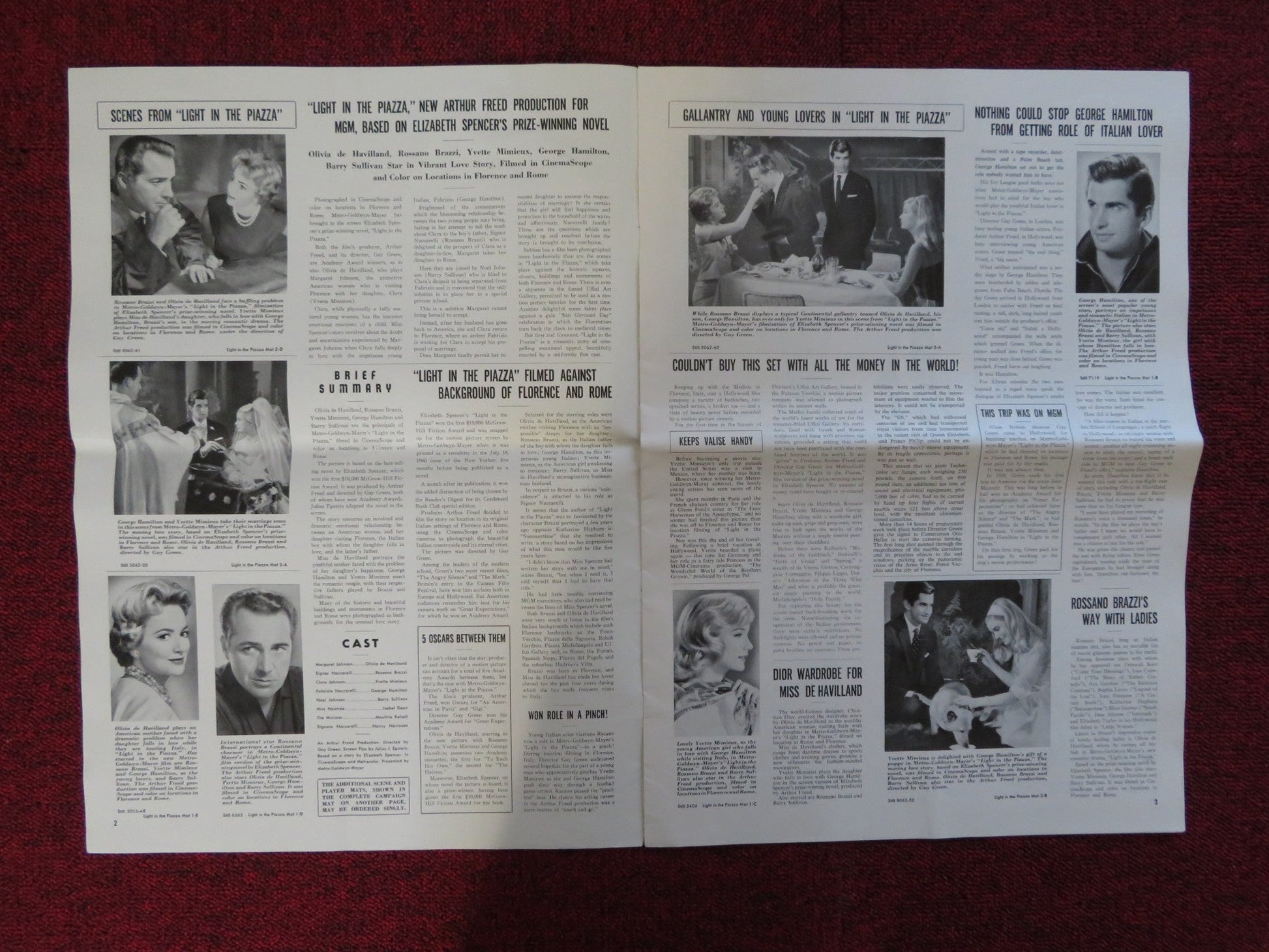 LIGHT IN THE PIAZZA UNCUT METRO GOLDWYN MAYER FOLDED PRESS BOOK BRAZZI 1962 Rendezvous Cinema Movie posters