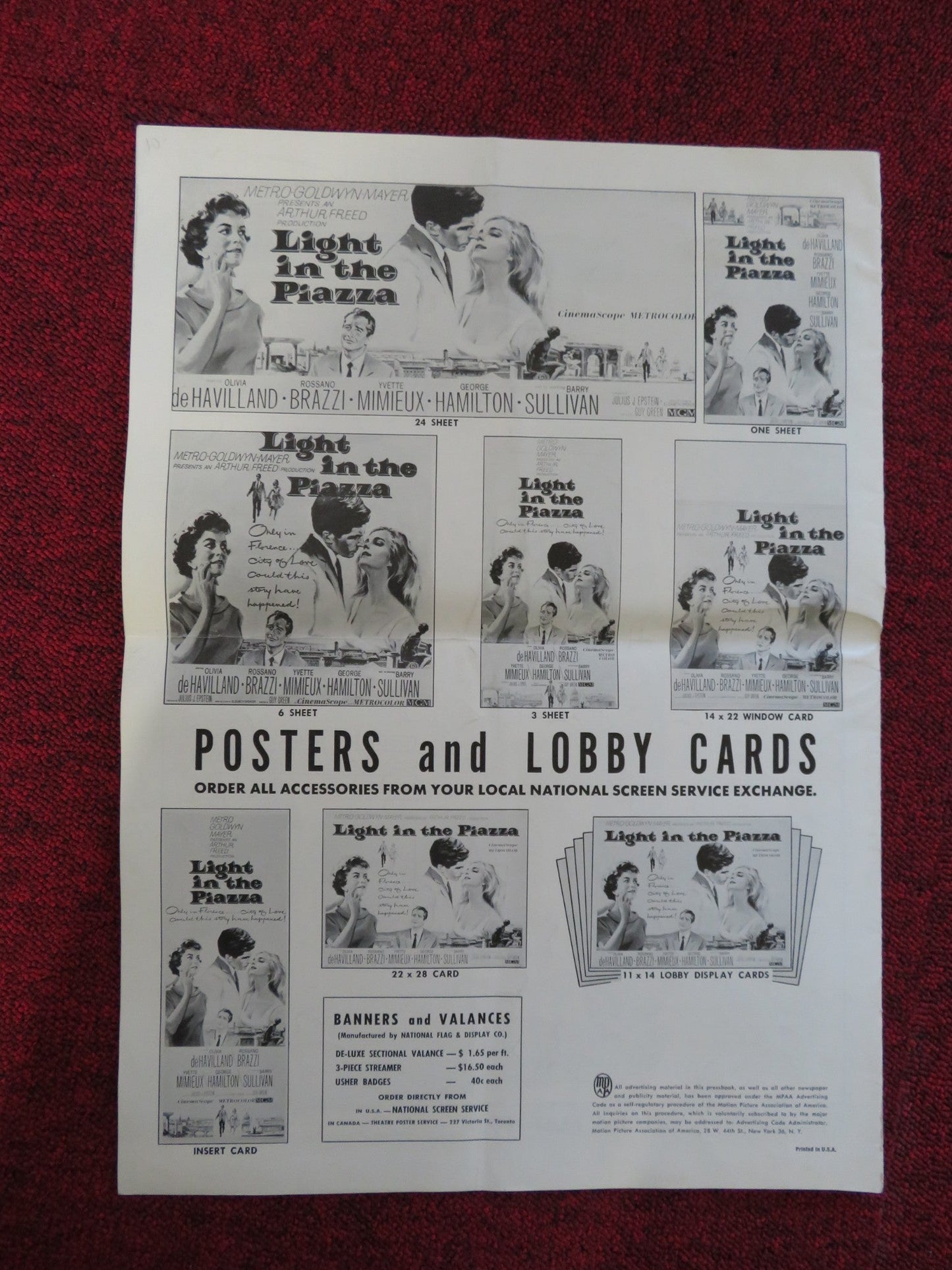 LIGHT IN THE PIAZZA UNCUT METRO GOLDWYN MAYER FOLDED PRESS BOOK BRAZZI 1962 Rendezvous Cinema Movie posters