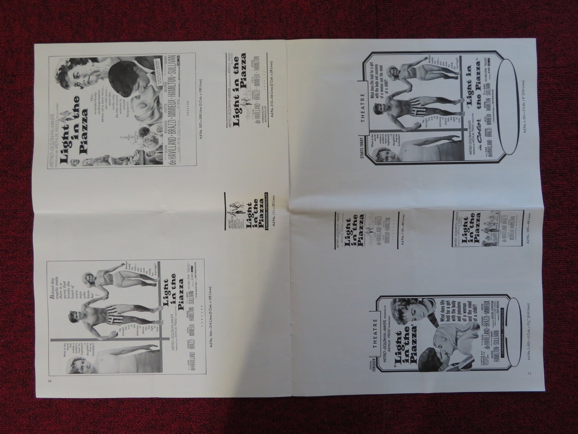LIGHT IN THE PIAZZA UNCUT METRO GOLDWYN MAYER FOLDED PRESS BOOK BRAZZI 1962 Rendezvous Cinema Movie posters