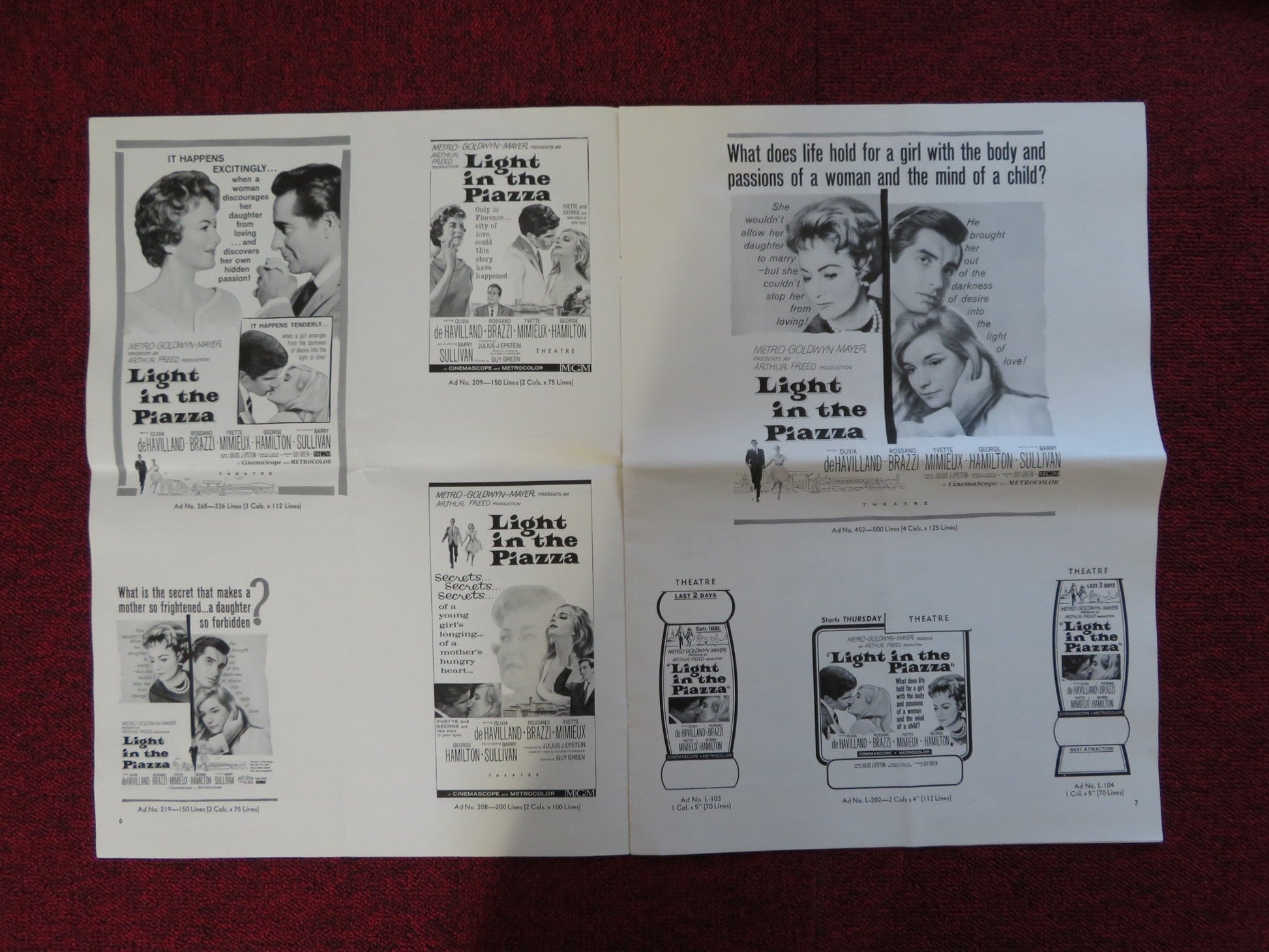 LIGHT IN THE PIAZZA UNCUT METRO GOLDWYN MAYER FOLDED PRESS BOOK BRAZZI 1962 Rendezvous Cinema Movie posters