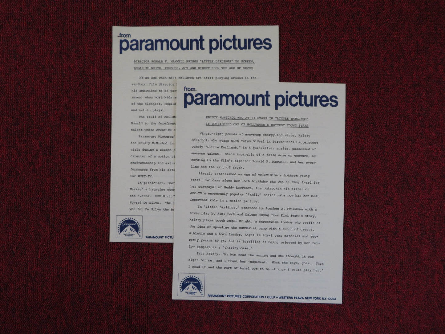 LITTLE DARLINGS PRESSKIT PARAMOUNT PICTURES TATUM O'NEAL KRISTY MCNICHOL 1980 Rendezvous Cinema Movie posters