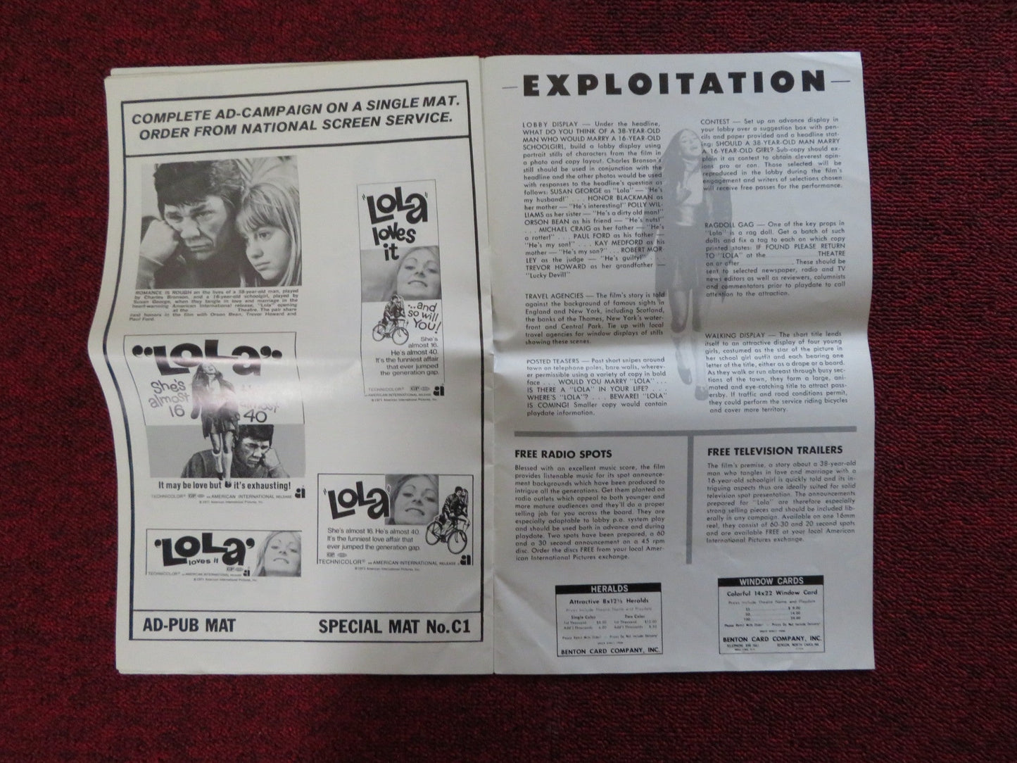 LOLA / LONDON AFFAIR - PRESSBOOK UNCUT AMERICAN INT. CHARLES BRONSON 1970 Rendezvous Cinema Movie posters