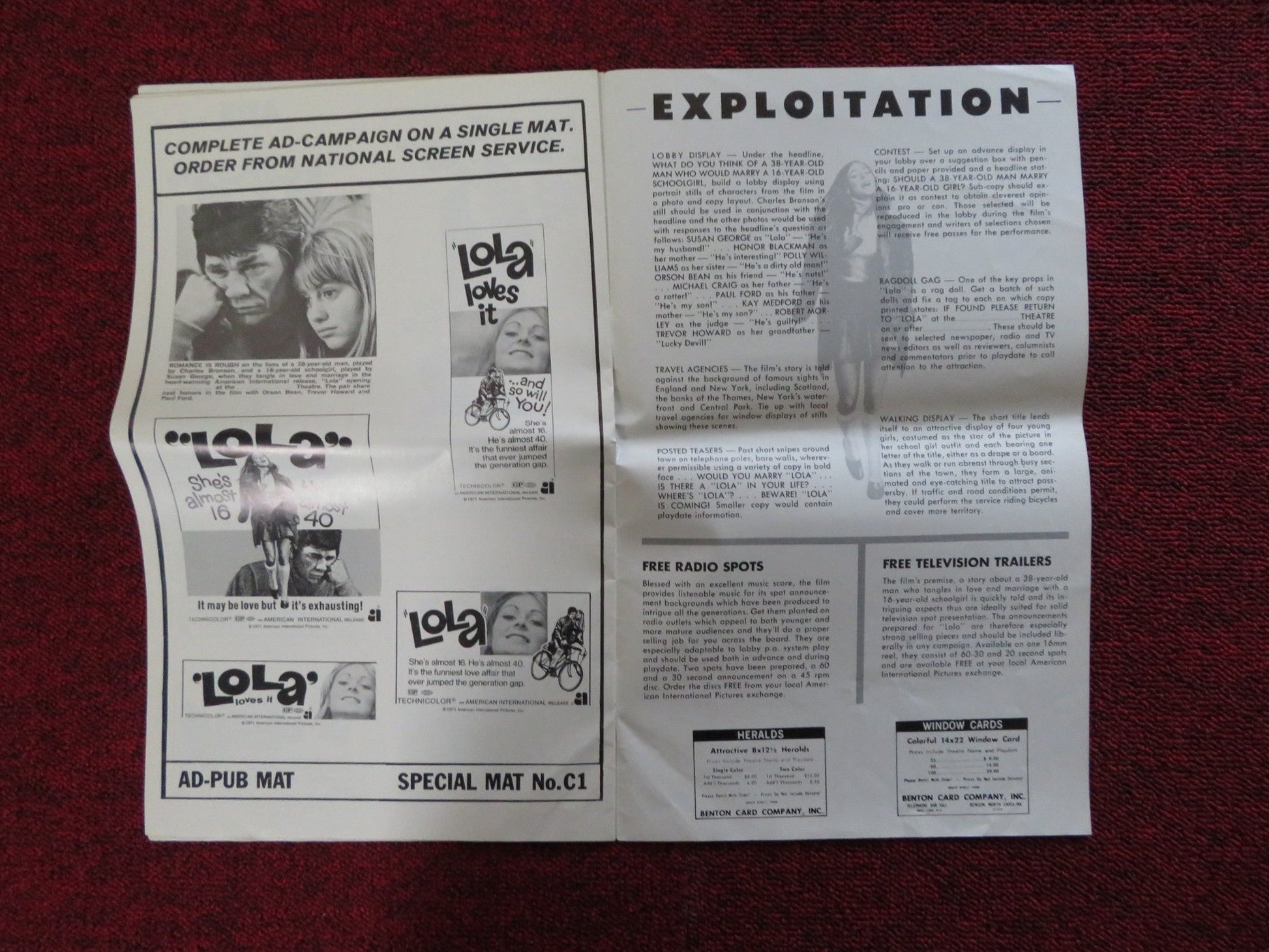 LOLA / LONDON AFFAIR - PRESSBOOK UNCUT AMERICAN INT. CHARLES BRONSON 1970 Rendezvous Cinema Movie posters